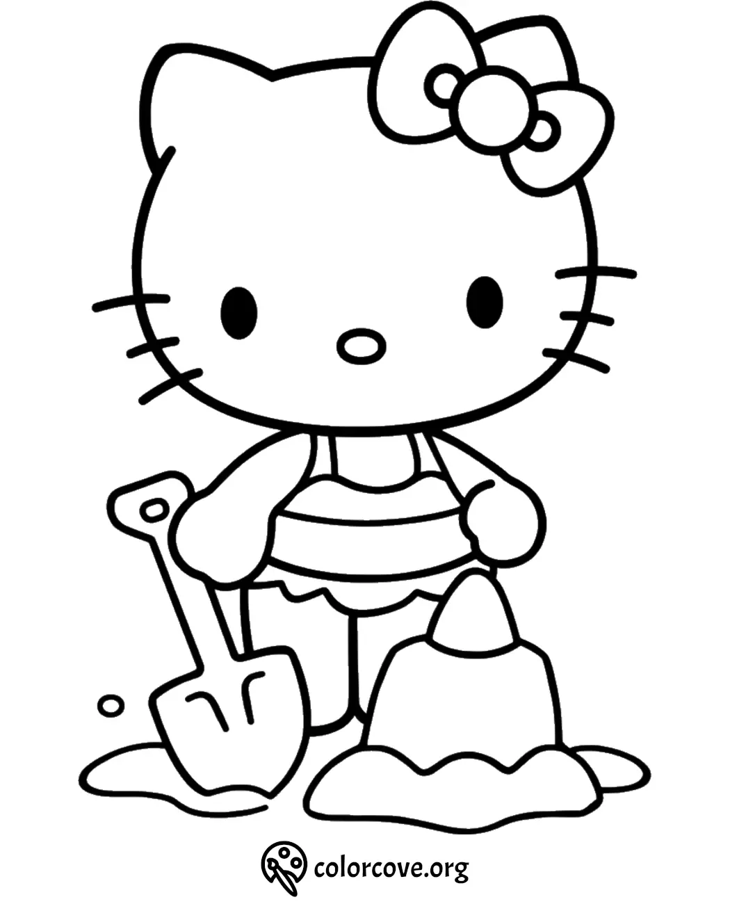 Cute cat character in a swimsuit playing with sand and a shovel, perfect for kids' coloring activities.