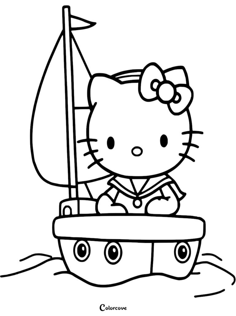 Hello Kitty wearing a sailor outfit on a sailboat coloring page