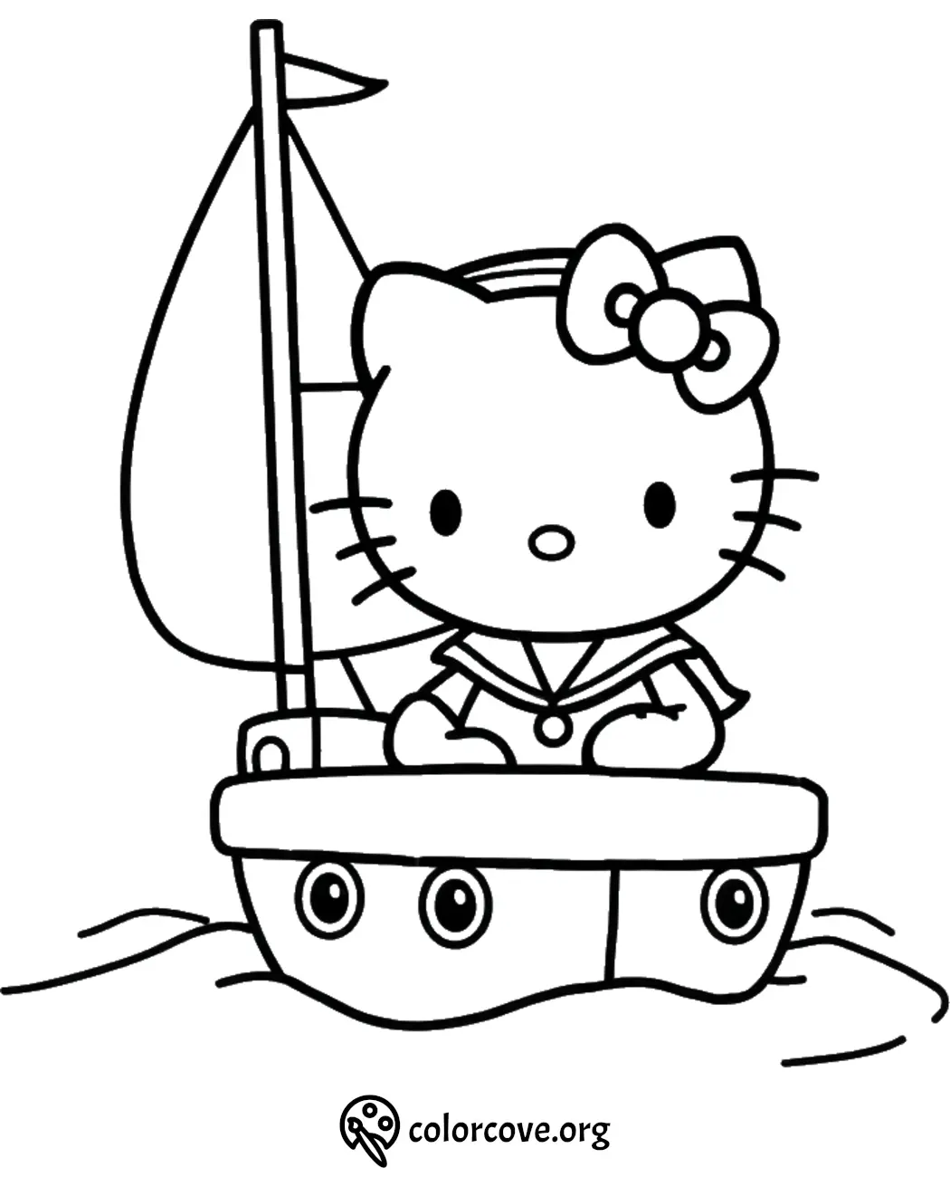 Cute cat in sailor outfit on a boat coloring page, featuring nautical details for kids to color.