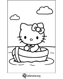 Cute cat character in boat coloring page with clouds and water background. Fun printable activity for kids.