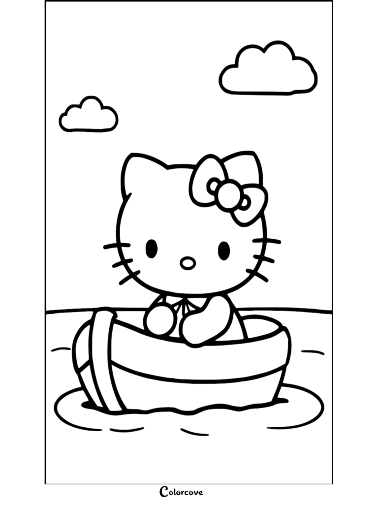 Hello Kitty sitting in a small rowboat on the water, printable coloring page featuring clouds in the sky.