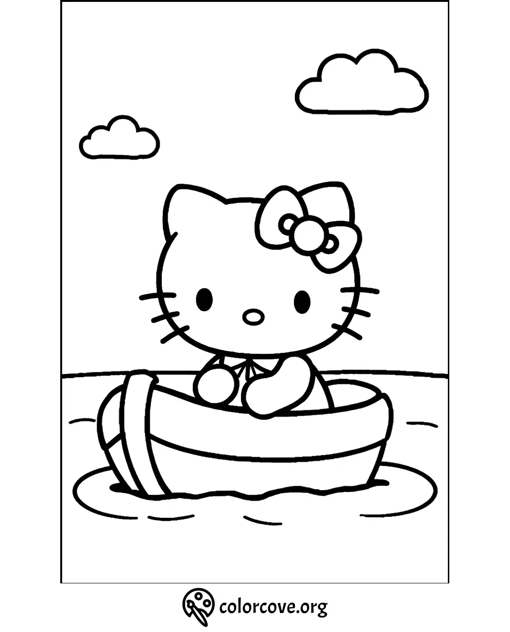 Cute cat character in boat coloring page with clouds and water background. Fun printable activity for kids.