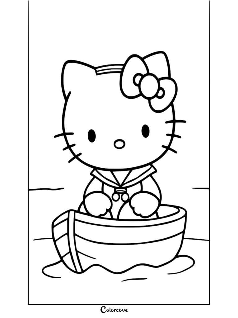 Hello Kitty wearing a sailor outfit sitting in a small rowboat, printable coloring page.
