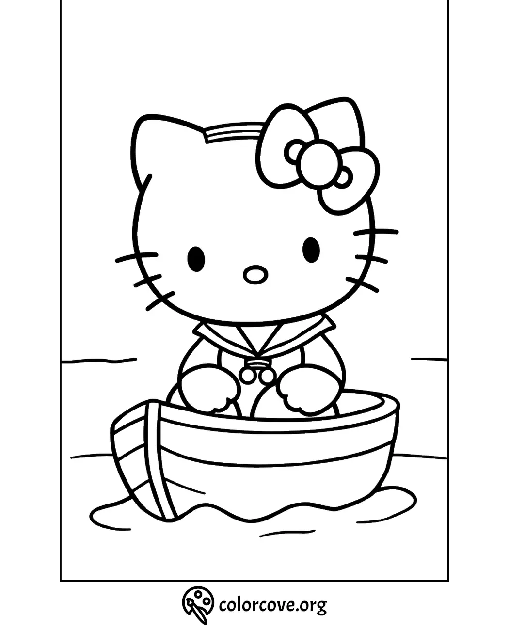 Cute cat character in a boat coloring page. Perfect for kids who love nautical themes and adorable animals!