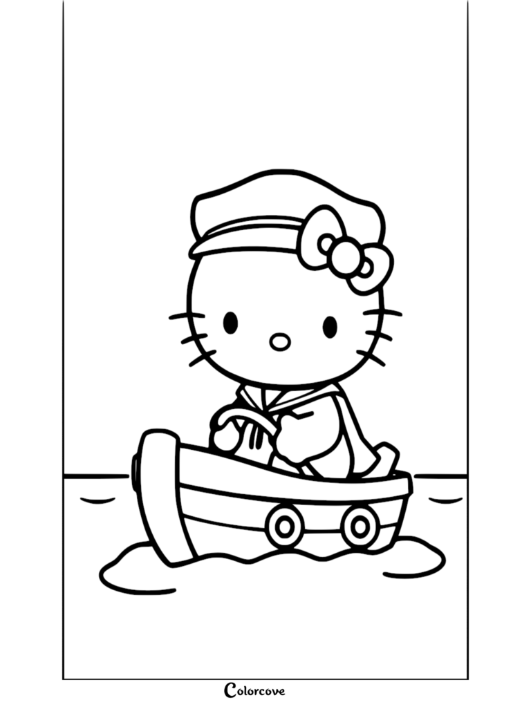 Hello Kitty wearing a sailor hat and uniform steering a small boat on the water in this printable coloring page.