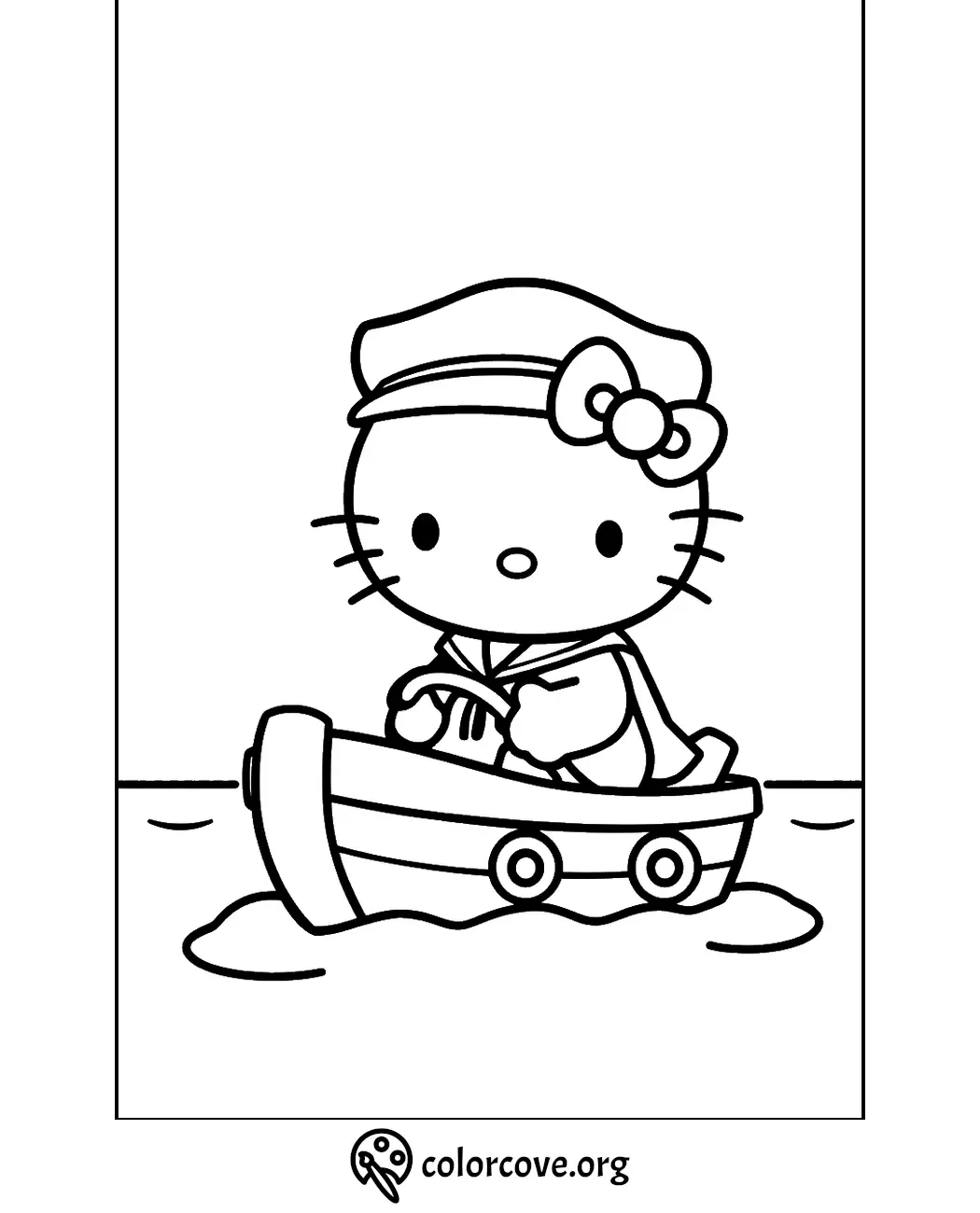 Cute cat character in sailor outfit riding a boat coloring page for kids.