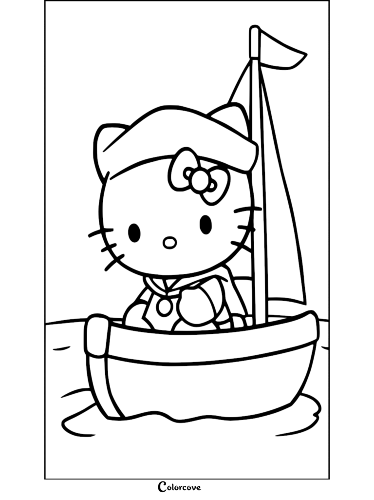 Hello Kitty wearing a sailor hat and uniform while sailing a small boat in this printable coloring page.