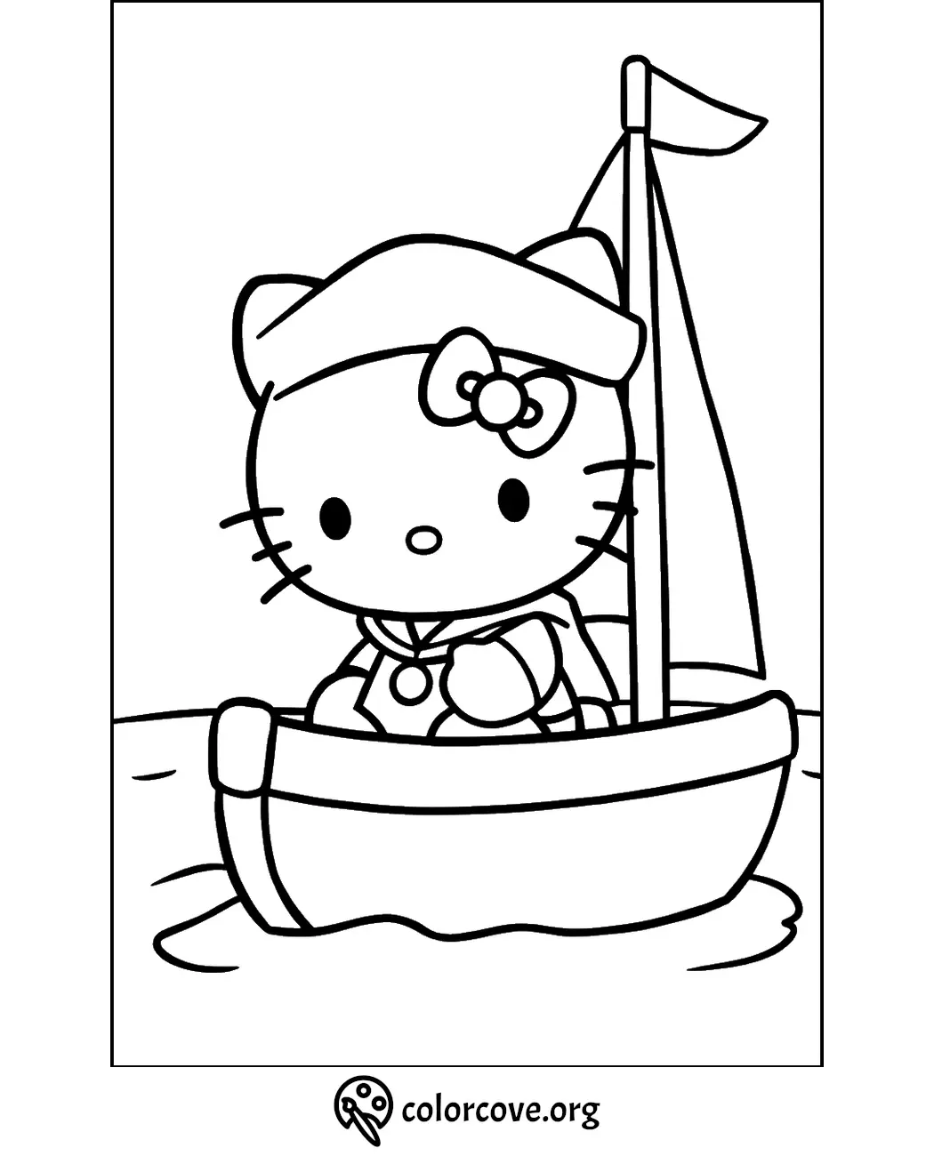 Cartoon cat in sailor outfit rowing boat, coloring page for kids fun.