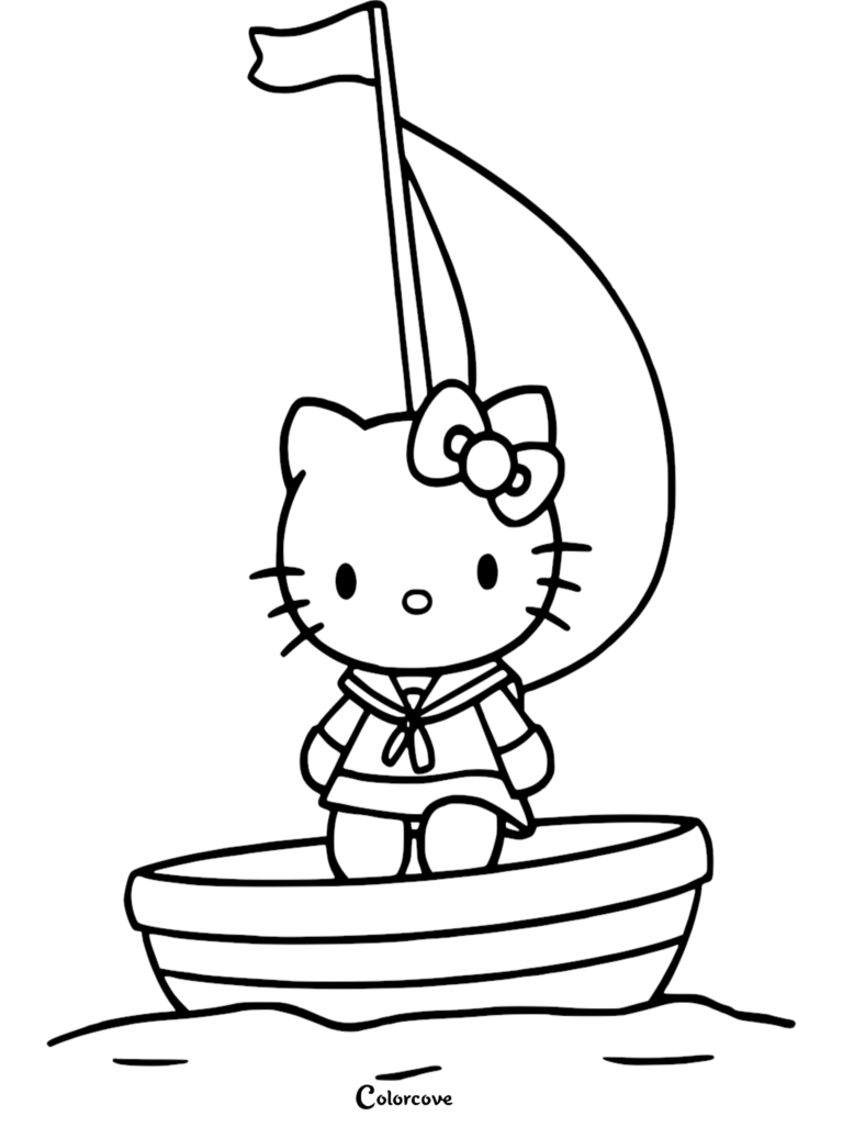 Hello Kitty wearing a sailor outfit standing in a small sailboat, printable coloring page.