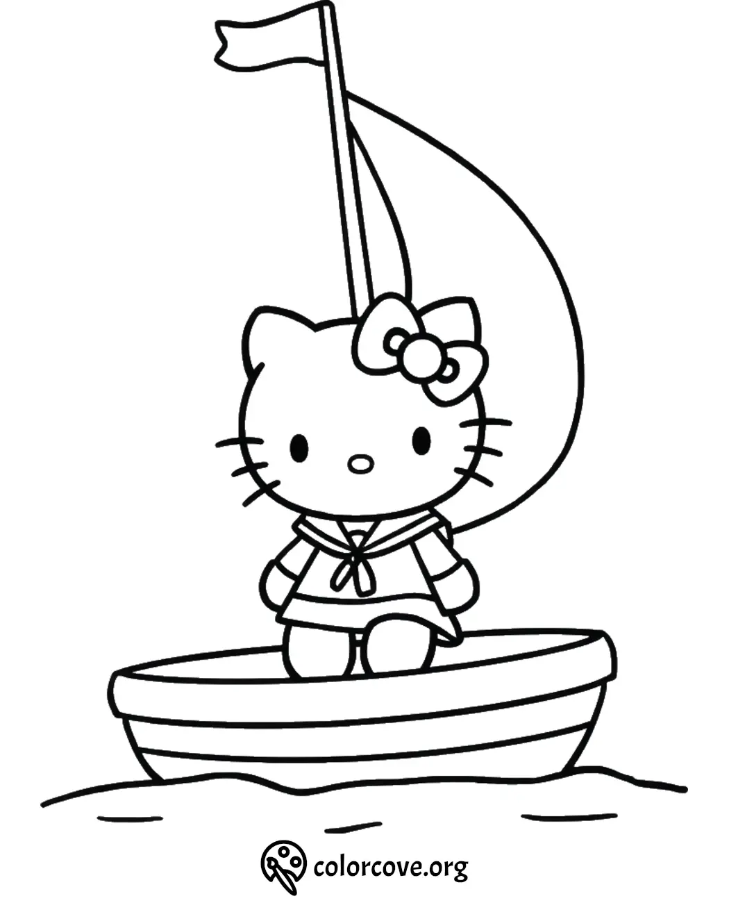 Cute character in a sailor outfit standing on a sailboat coloring page. Perfect for kids' nautical-themed coloring activities.