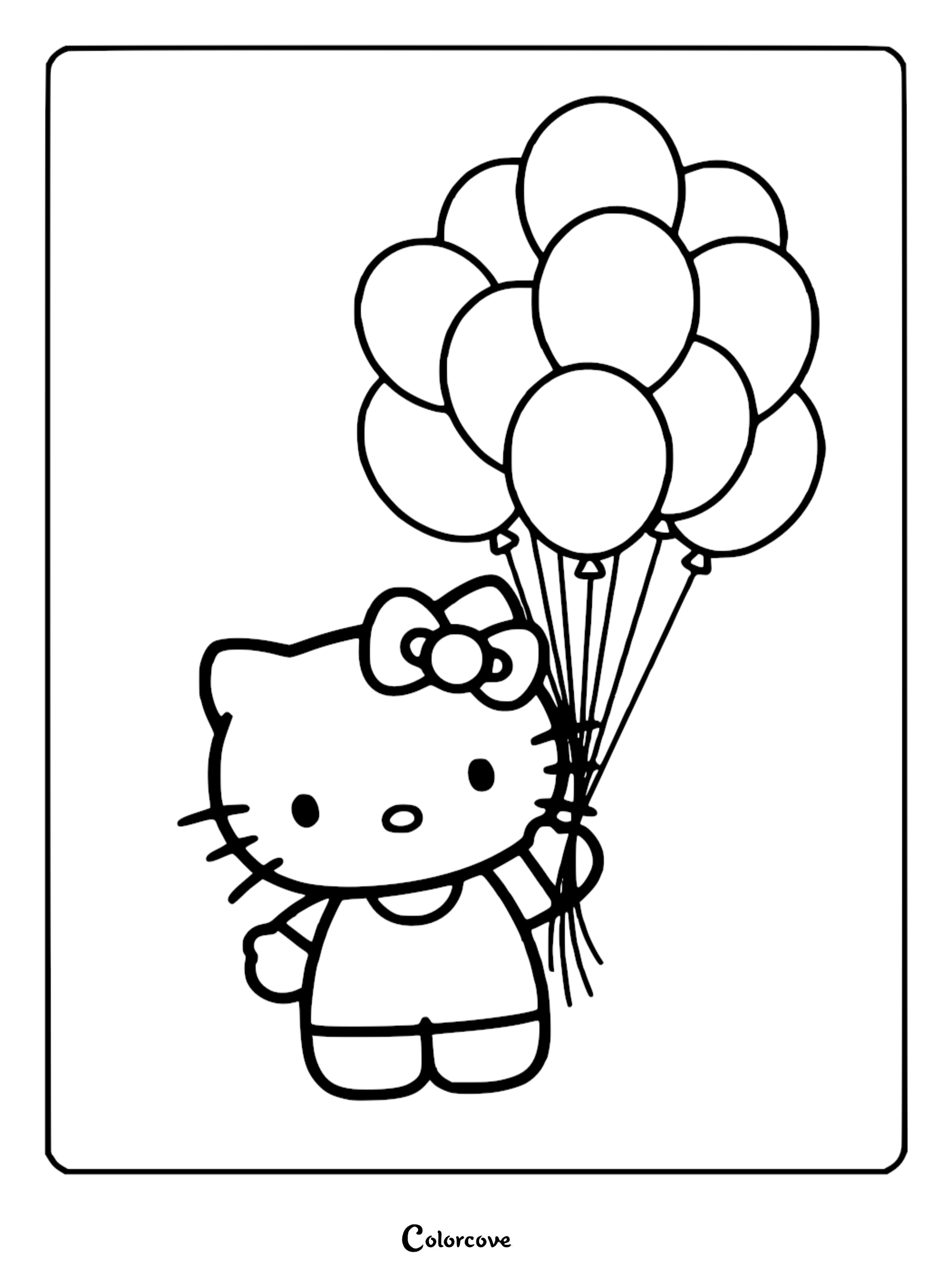 A printable Hello Kitty coloring page featuring Hello Kitty holding a large bunch of balloons for kids to color.