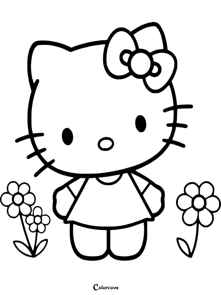 Hello Kitty standing between simple flowers in this free printable coloring page