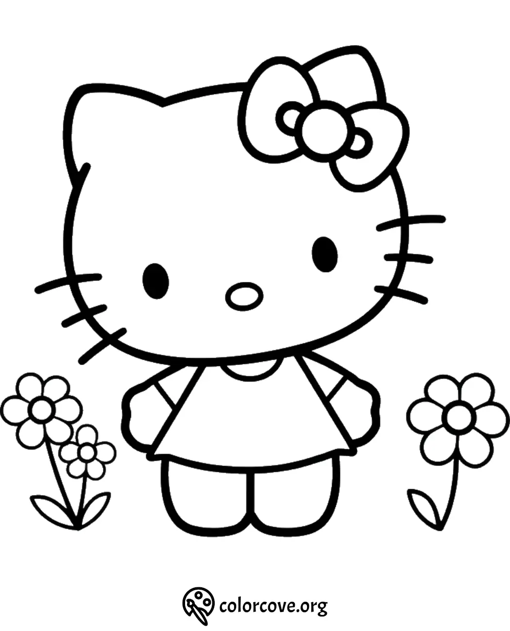 Cute character coloring page with bows and flowers, perfect for kids to print and color.