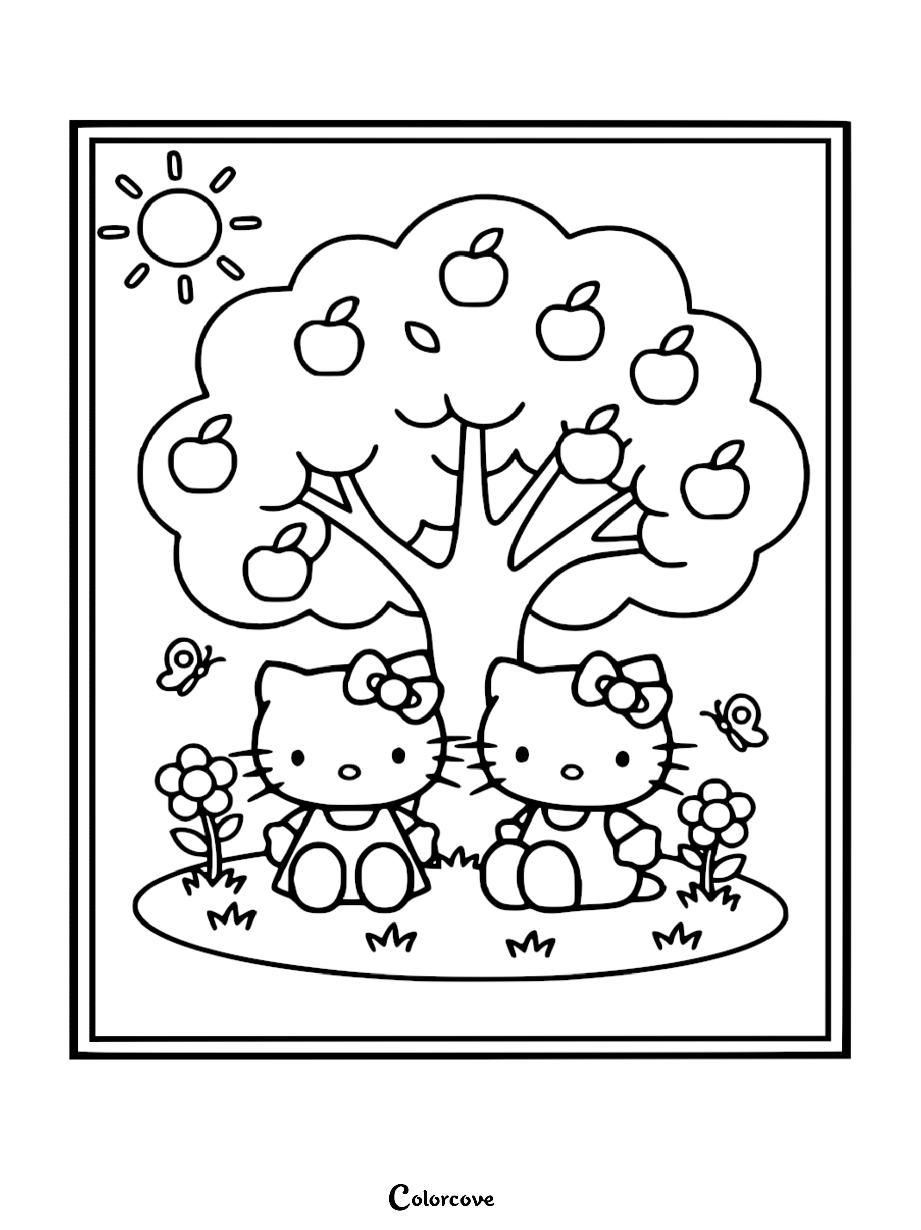 A cute Hello Kitty and Mimmy coloring page featuring the twin sisters sitting under a large apple tree in a sunny garden with butterflies and flowers.