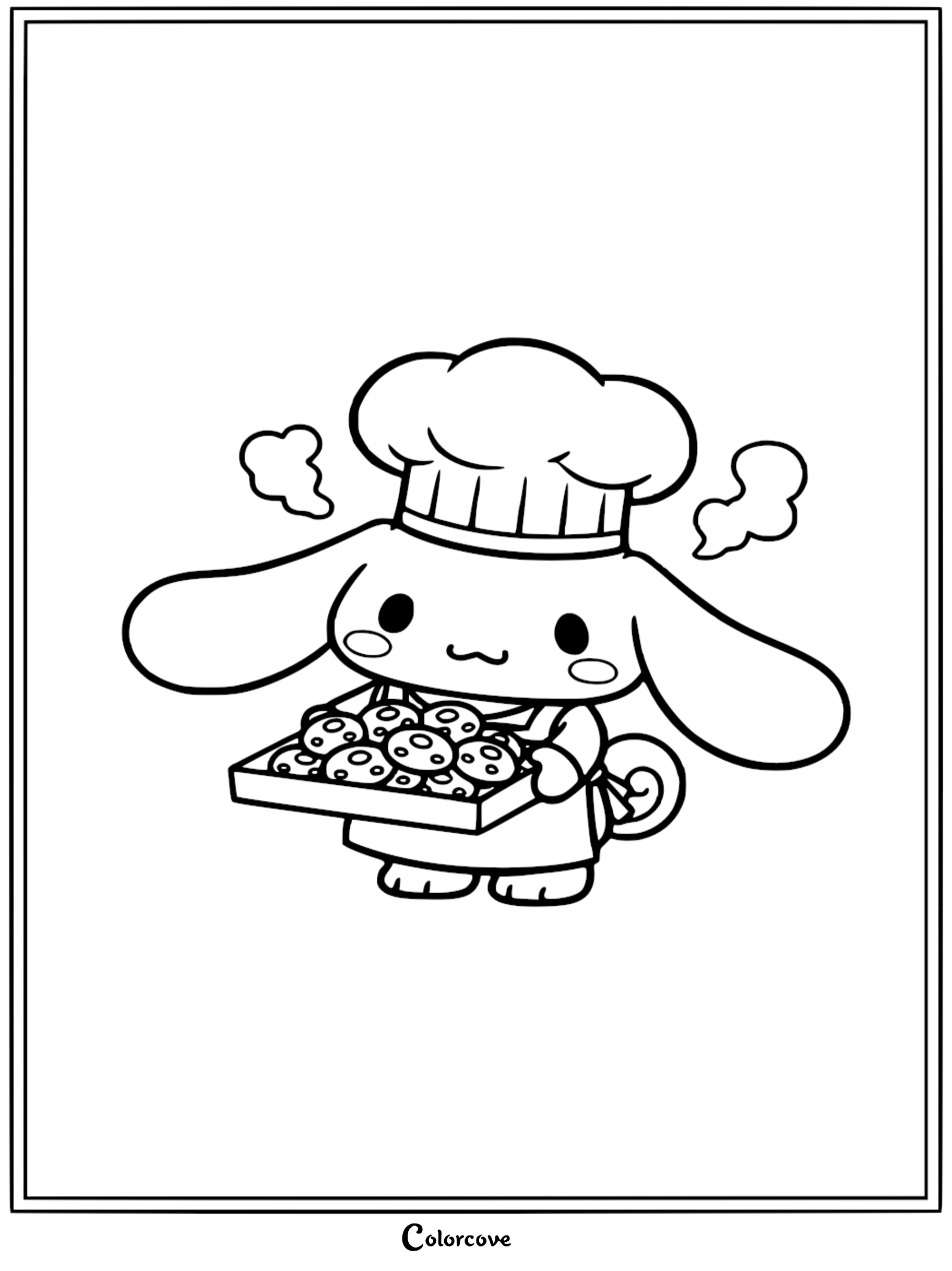 A cute Cinnamoroll chef wearing a hat and apron while holding a tray of steaming hot cookies coloring page for kids.