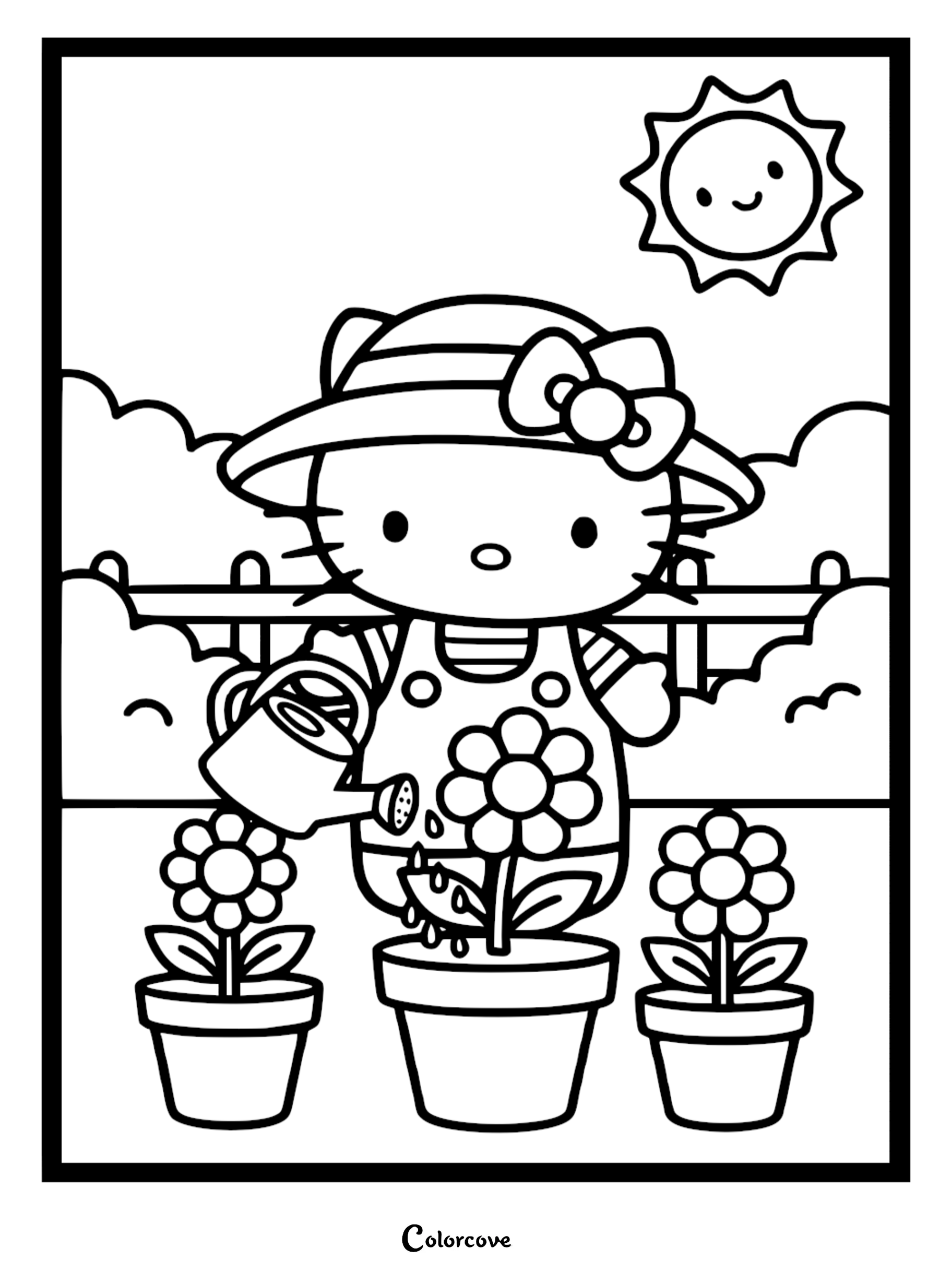 A cute Hello Kitty gardening coloring page featuring Hello Kitty in a sun hat watering potted flowers under a happy smiling sun.