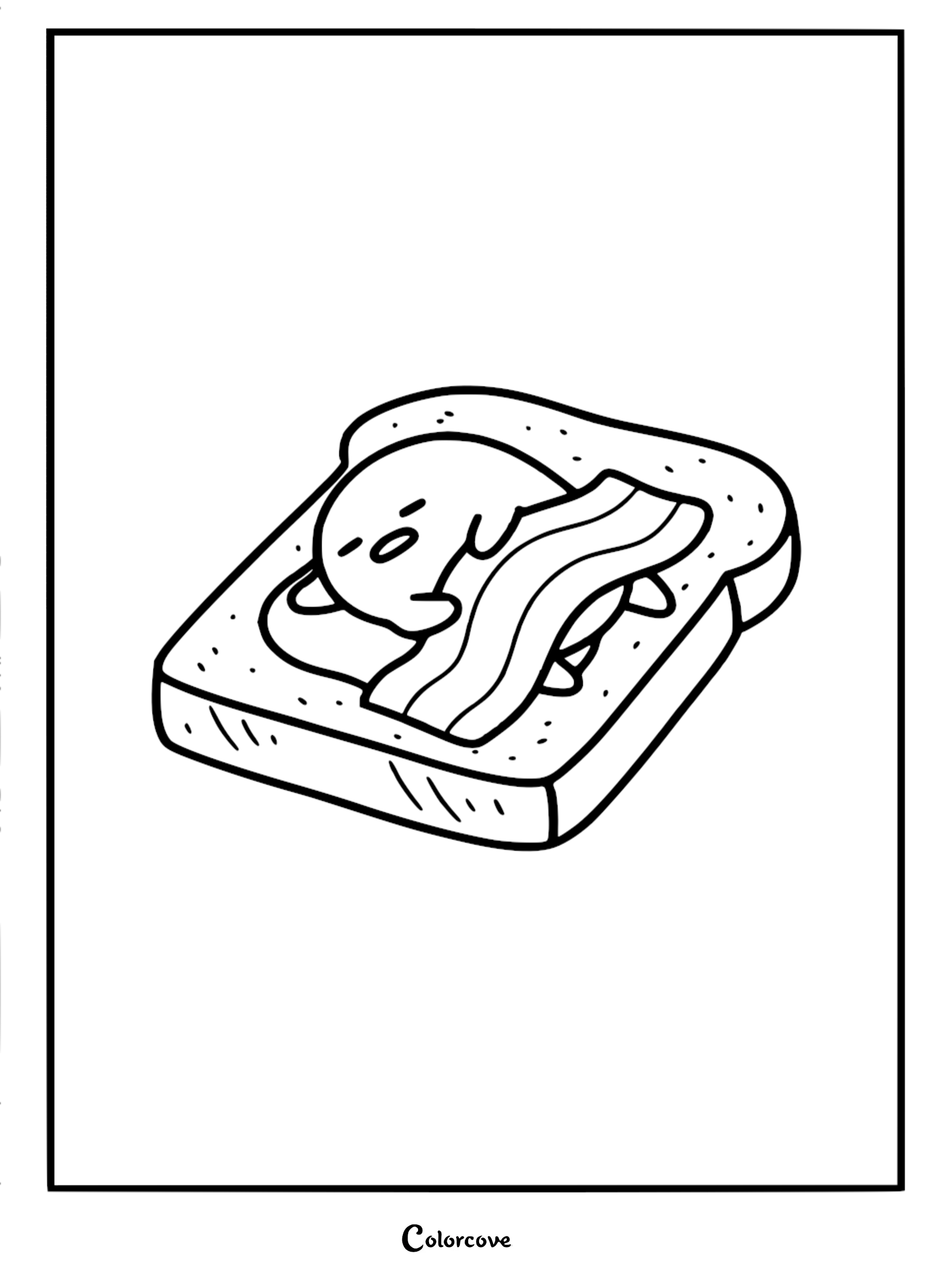 A printable Sanrio coloring page of Gudetama the lazy egg sleeping on a piece of toast with a bacon strip blanket for kids.