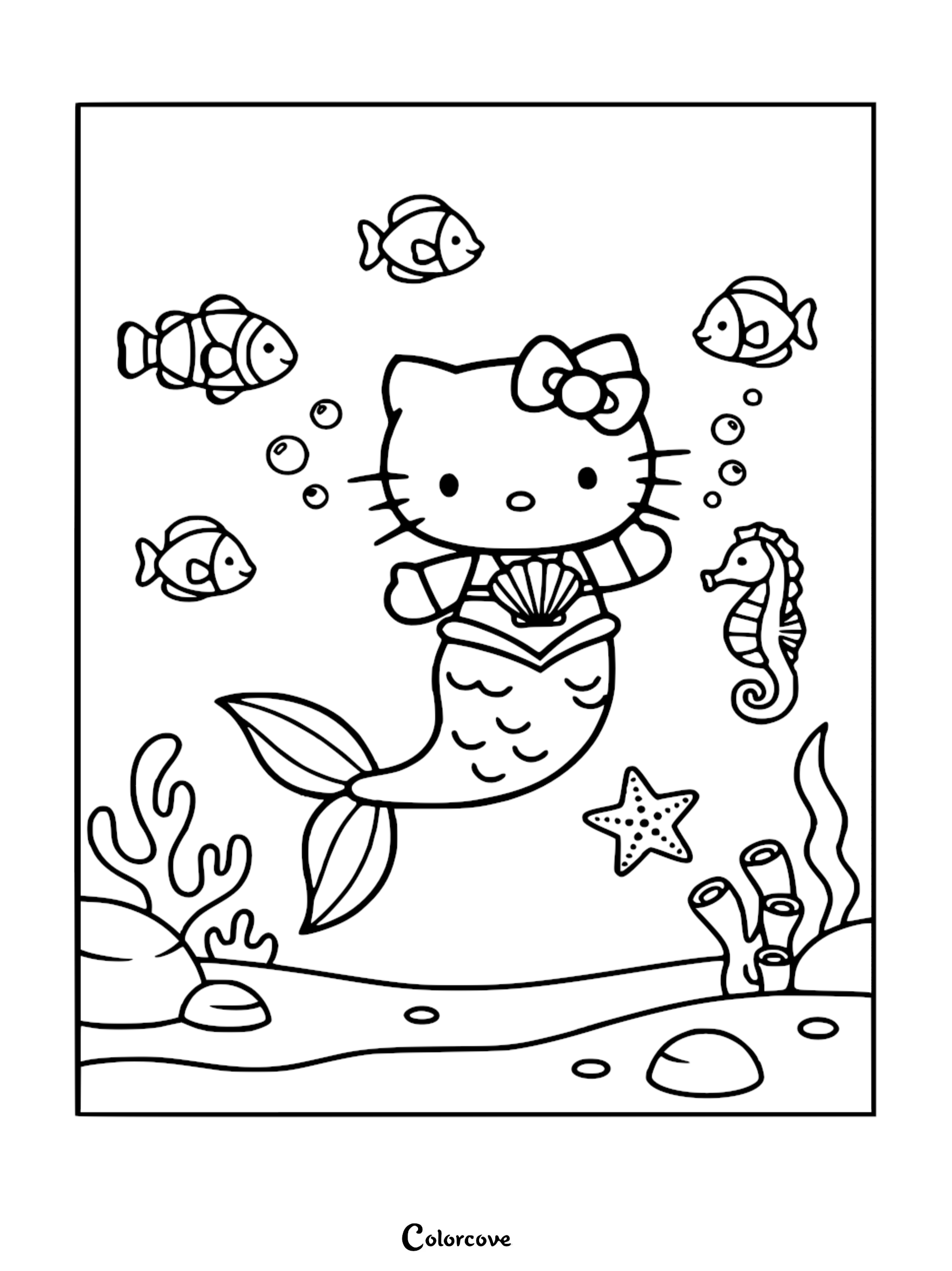 A printable Hello Kitty mermaid coloring page featuring Hello Kitty as a mermaid underwater with fish, a seahorse, and a starfish near a coral reef.