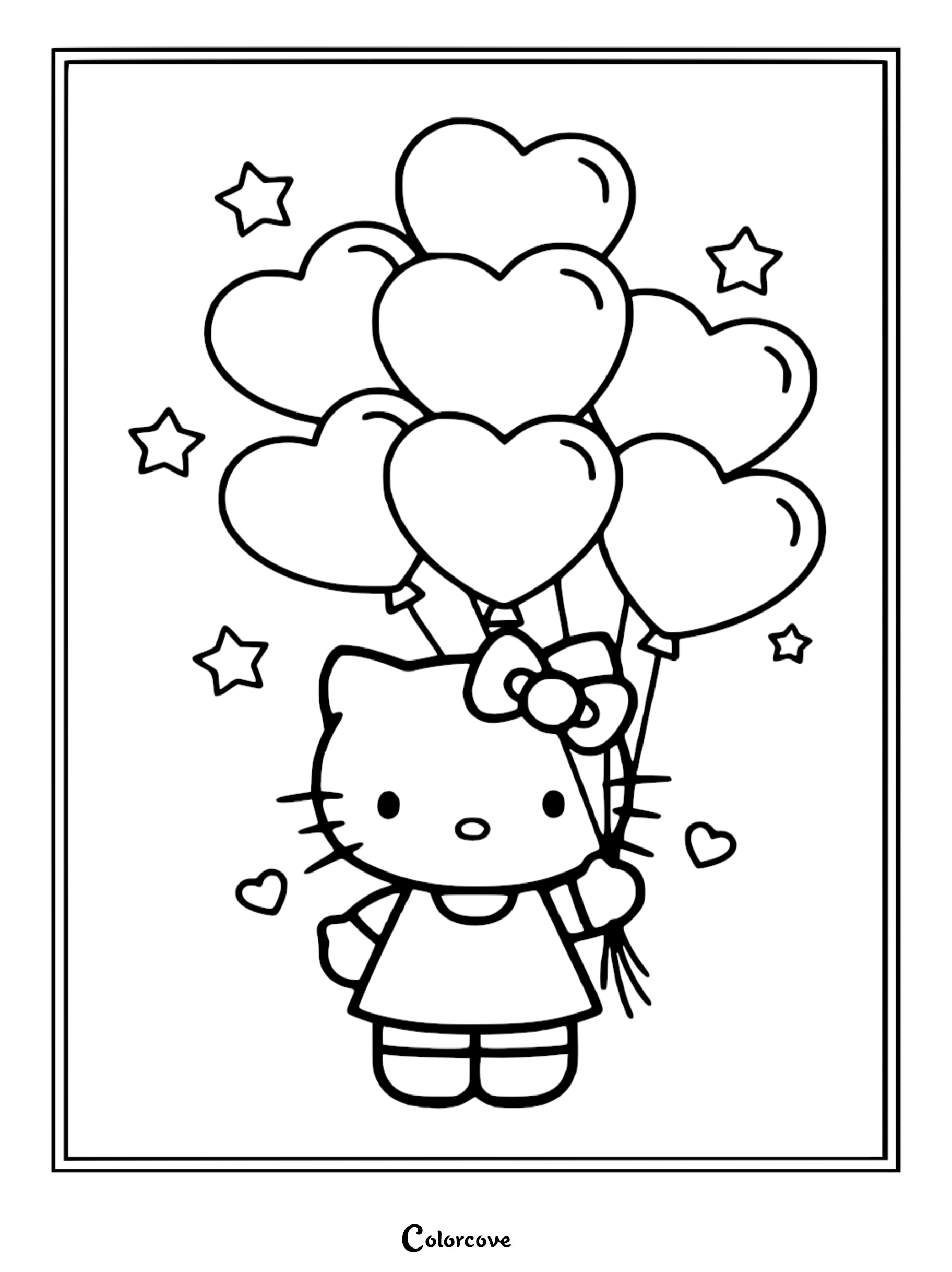 A cute Hello Kitty coloring page for kids featuring Hello Kitty holding a large bunch of heart-shaped balloons surrounded by twinkling stars.
