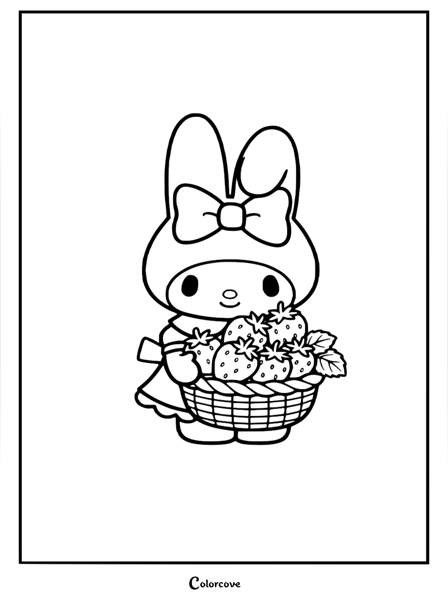 A printable Sanrio My Melody coloring page featuring the cute bunny character holding a woven basket full of fresh strawberries.