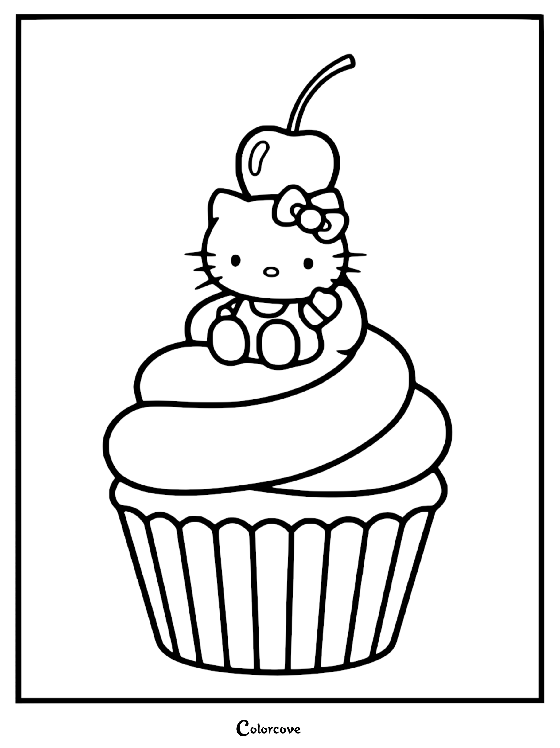 A sweet Hello Kitty sitting on a giant frosted cupcake with a cherry on top, free printable coloring page for kids.