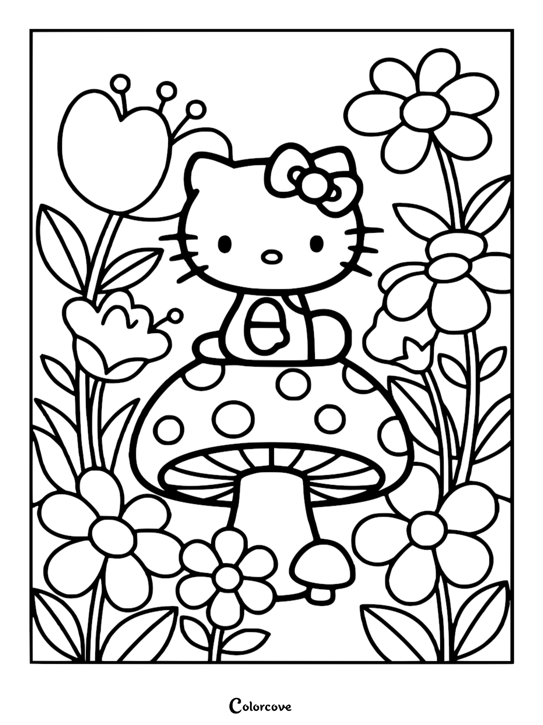 A cute Hello Kitty sitting on a spotted mushroom surrounded by large garden flowers coloring page for kids.
