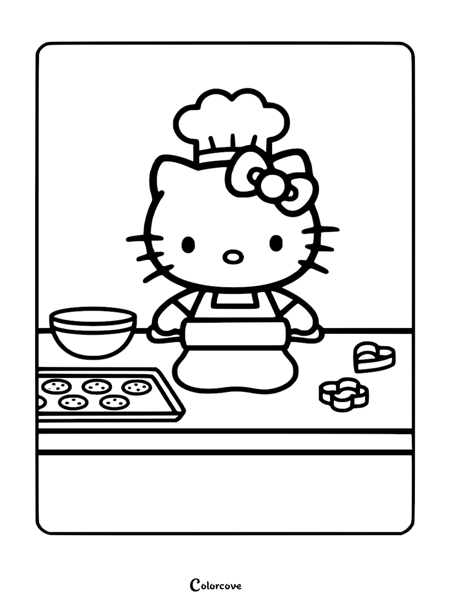 A cute Hello Kitty baking cookies coloring page featuring Hello Kitty in a chef's hat and apron with a rolling pin and cookie tray.