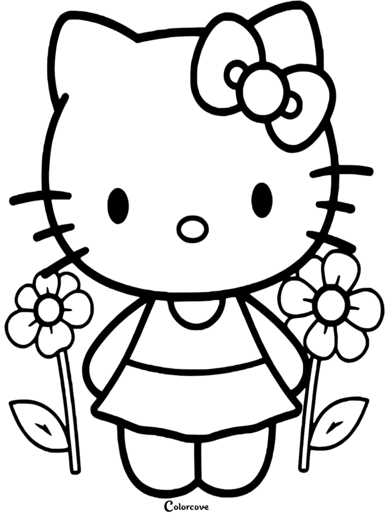 Hello Kitty standing between two simple flowers in this free printable coloring page.