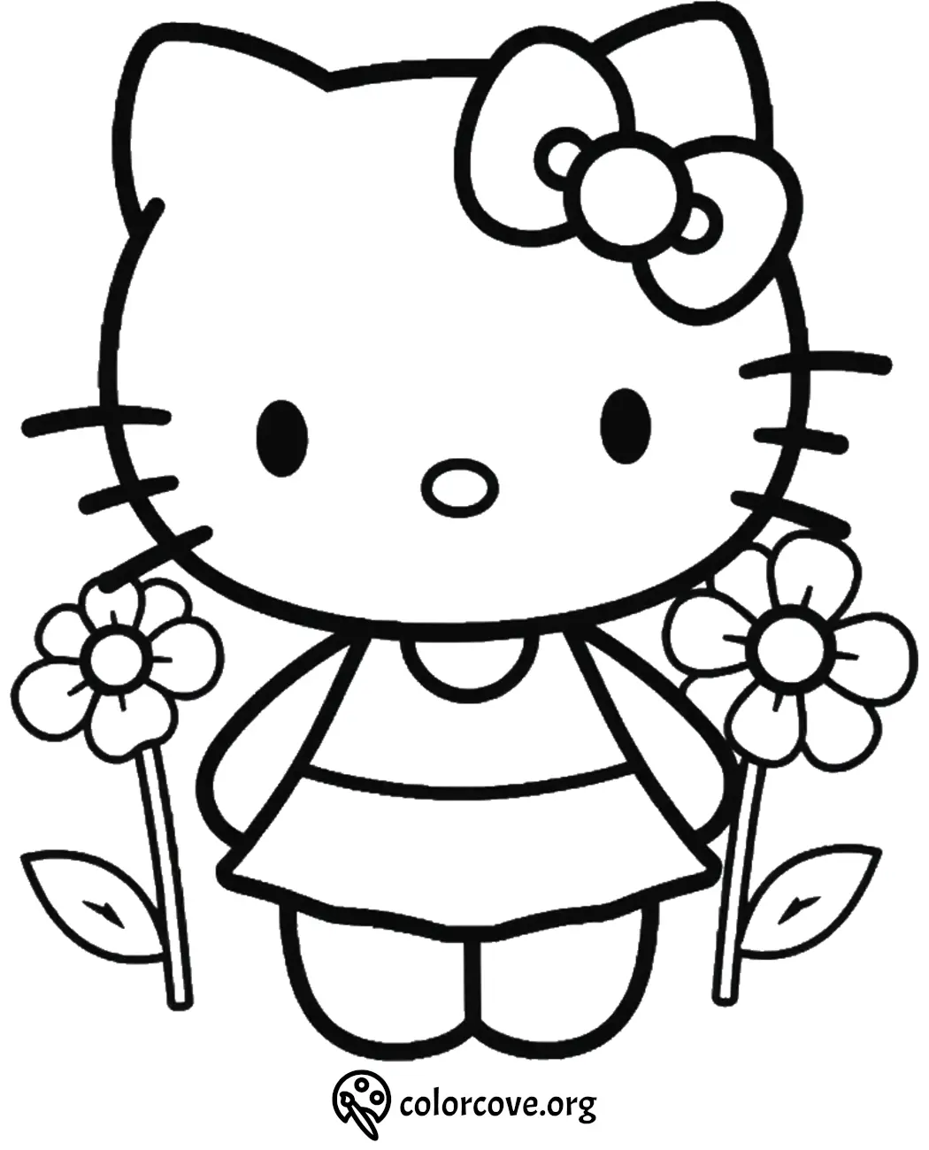 Cute cat character coloring page with a bow, standing between two flowers. Ideal for kids' creative activities.