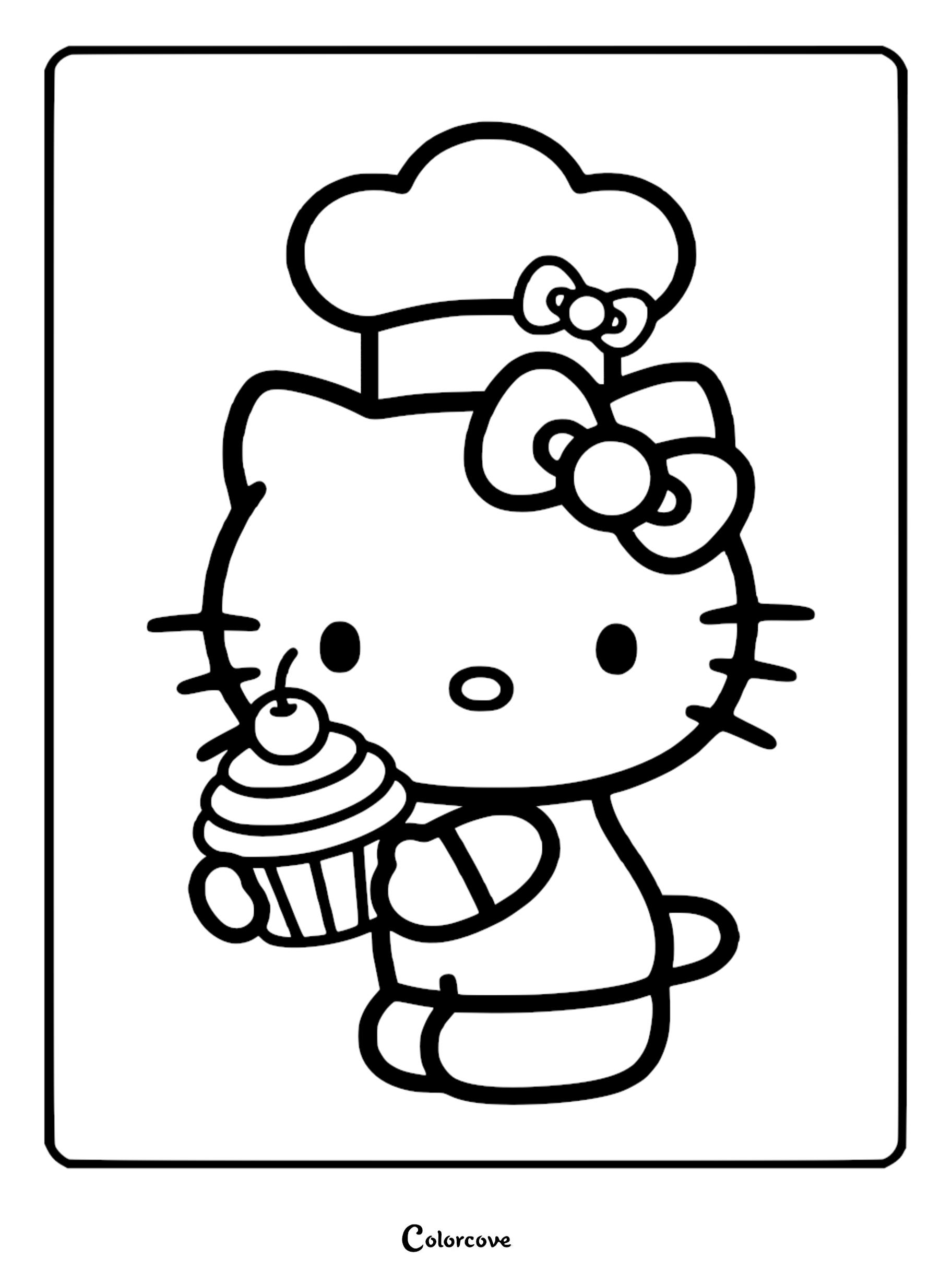 A cute Hello Kitty coloring page featuring her wearing a chef hat and holding a delicious cupcake with a cherry on top.