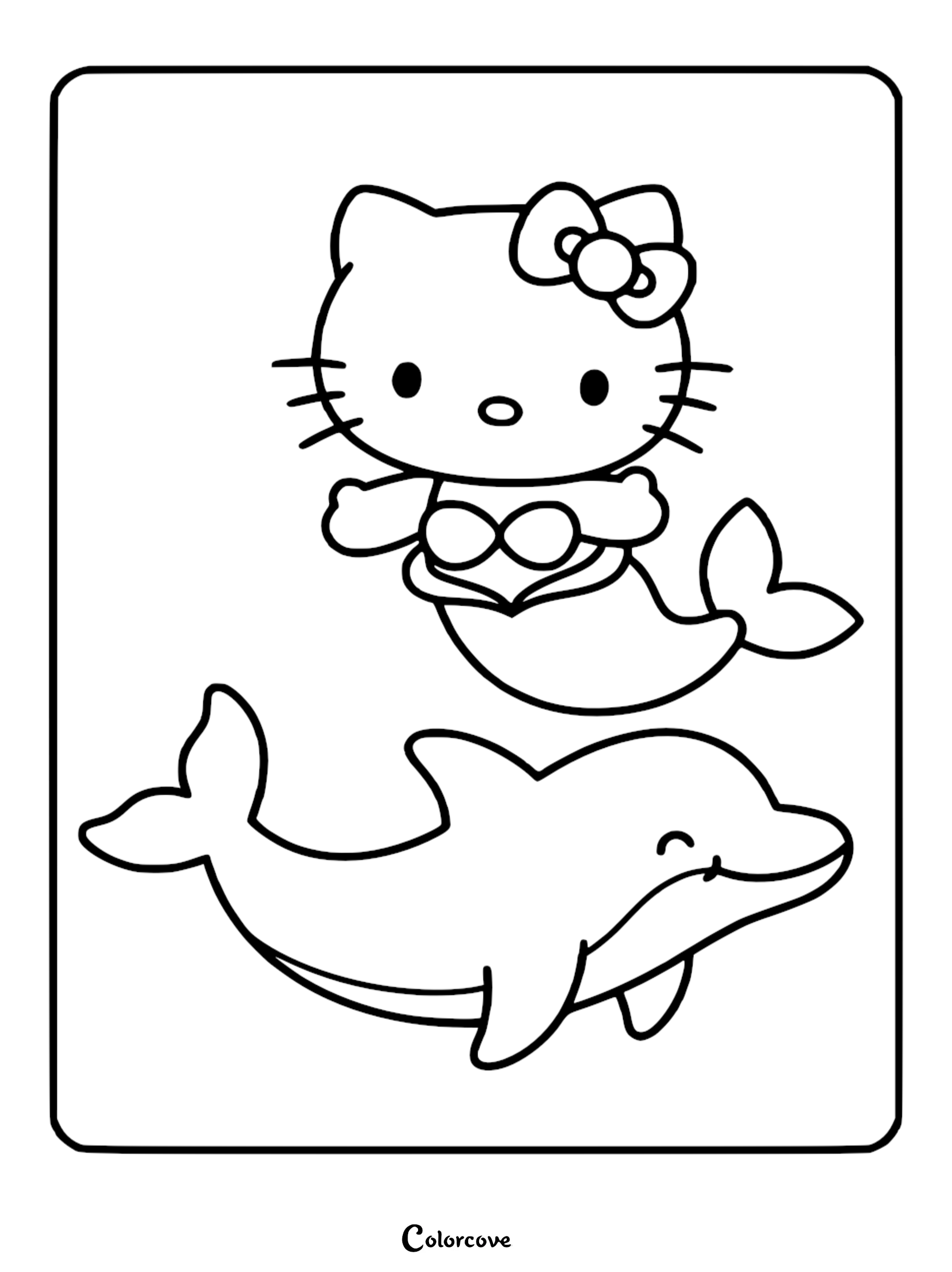 A printable Hello Kitty mermaid coloring page featuring Hello Kitty as a mermaid swimming with a cute smiling dolphin under the sea.