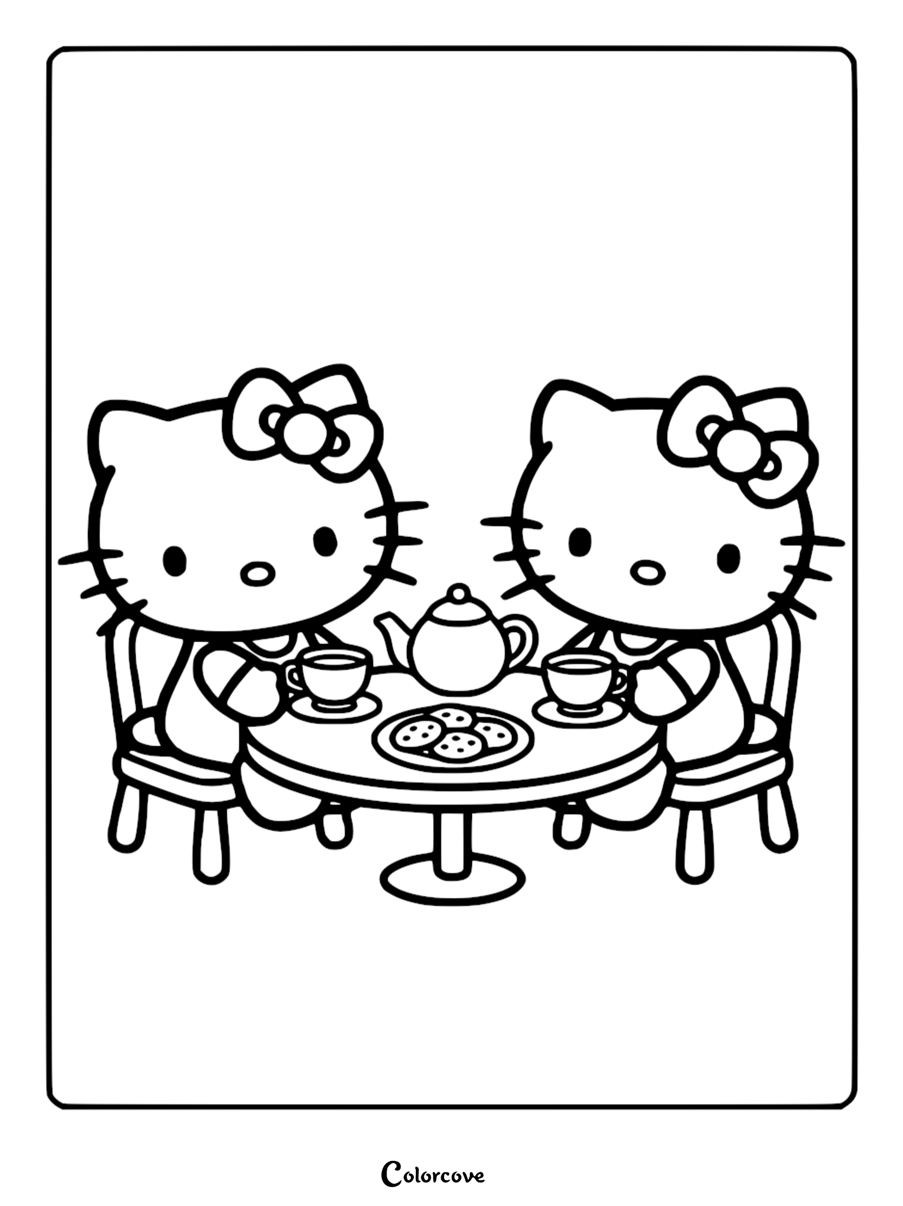A printable coloring page featuring two Hello Kitty characters sitting at a round table having a tea party with a teapot and a plate of cookies.