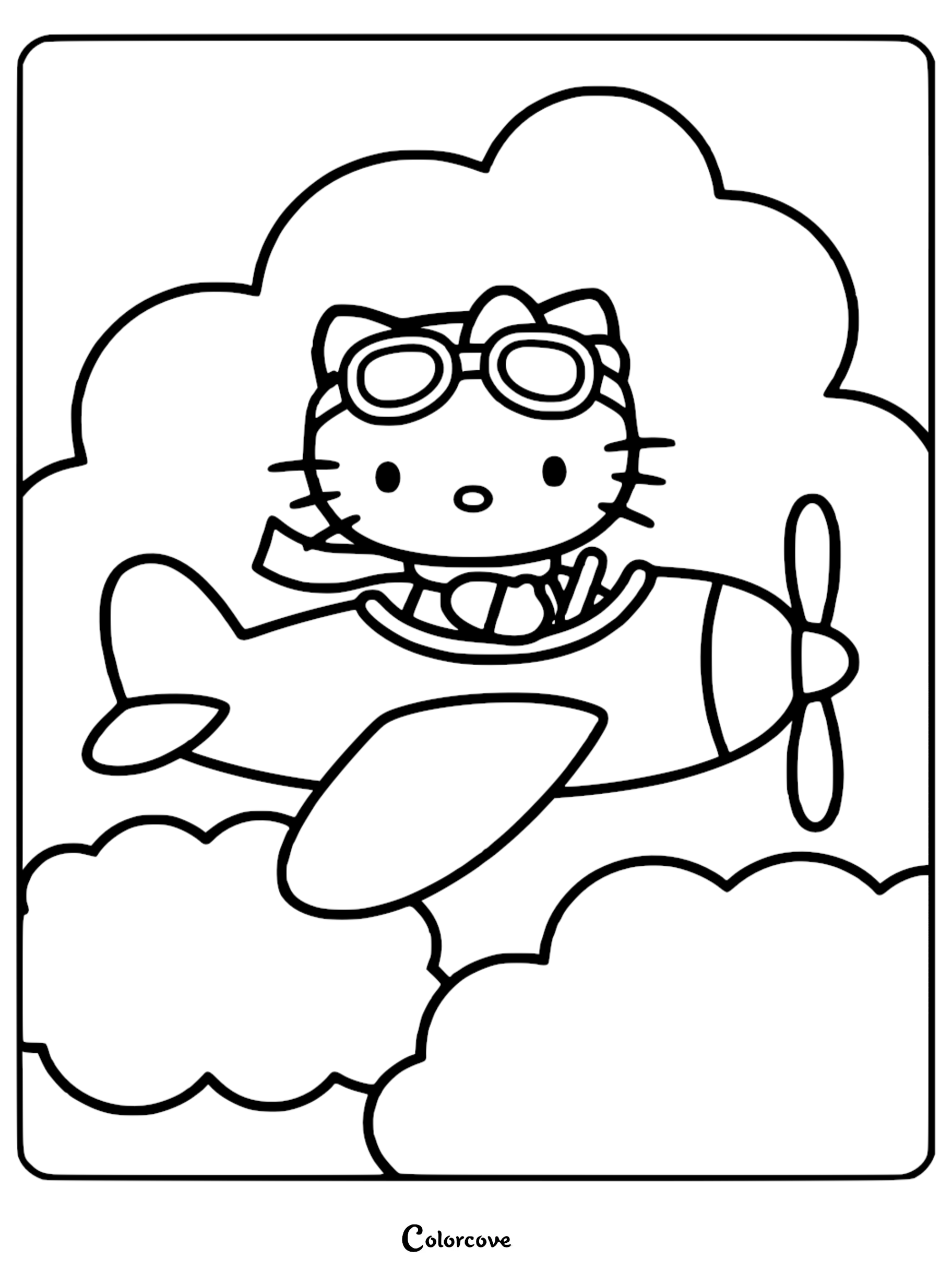 A cute Hello Kitty pilot flying a propeller airplane through fluffy clouds coloring page for kids.