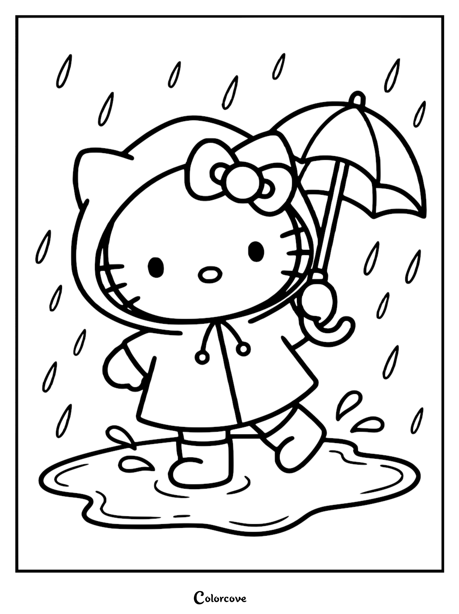A printable Hello Kitty coloring page showing Hello Kitty wearing a raincoat and boots, holding an umbrella, and splashing in a rain puddle.