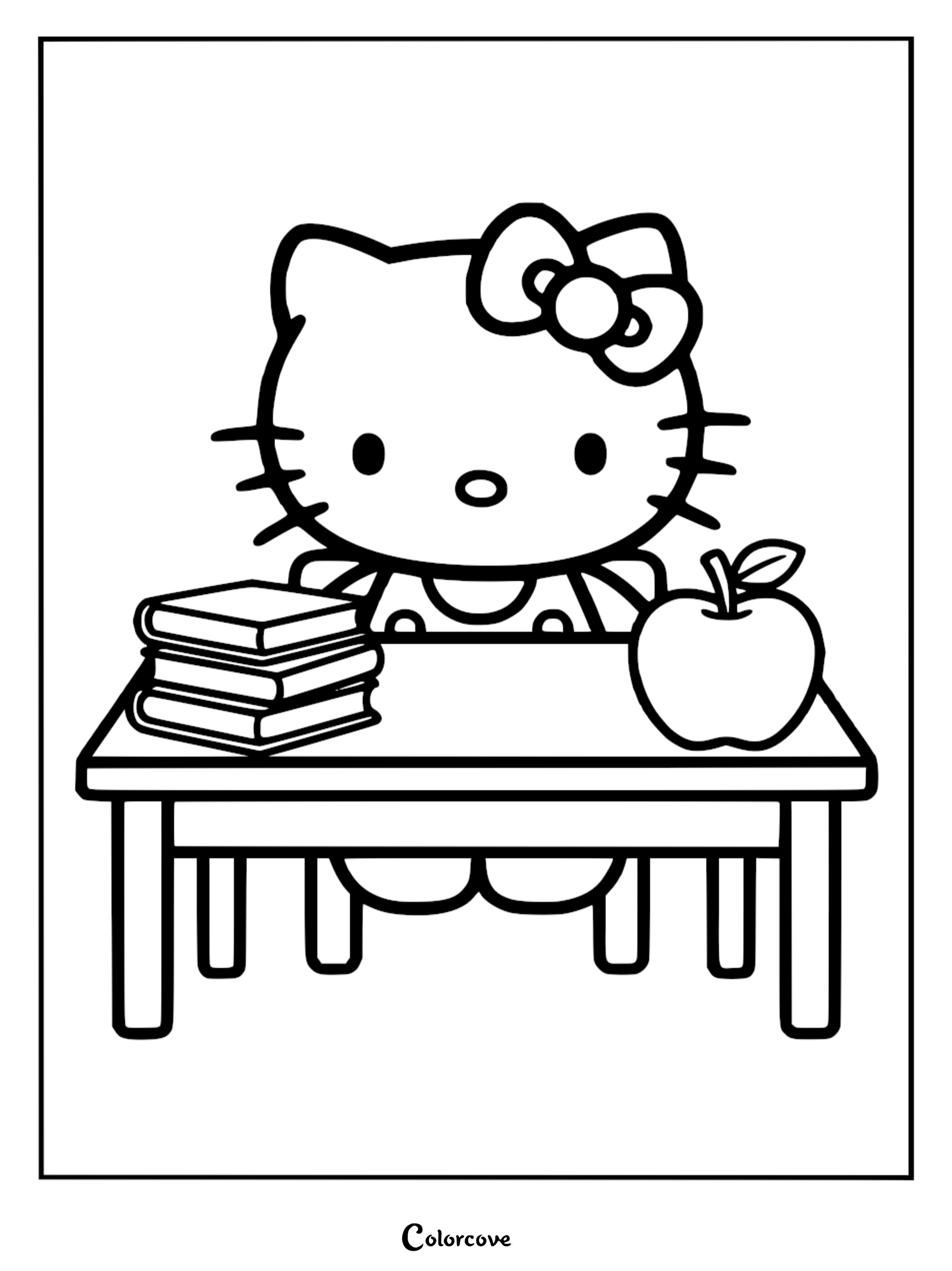 A cute Hello Kitty at school coloring page for kids featuring the character sitting at a desk with a stack of books and an apple.