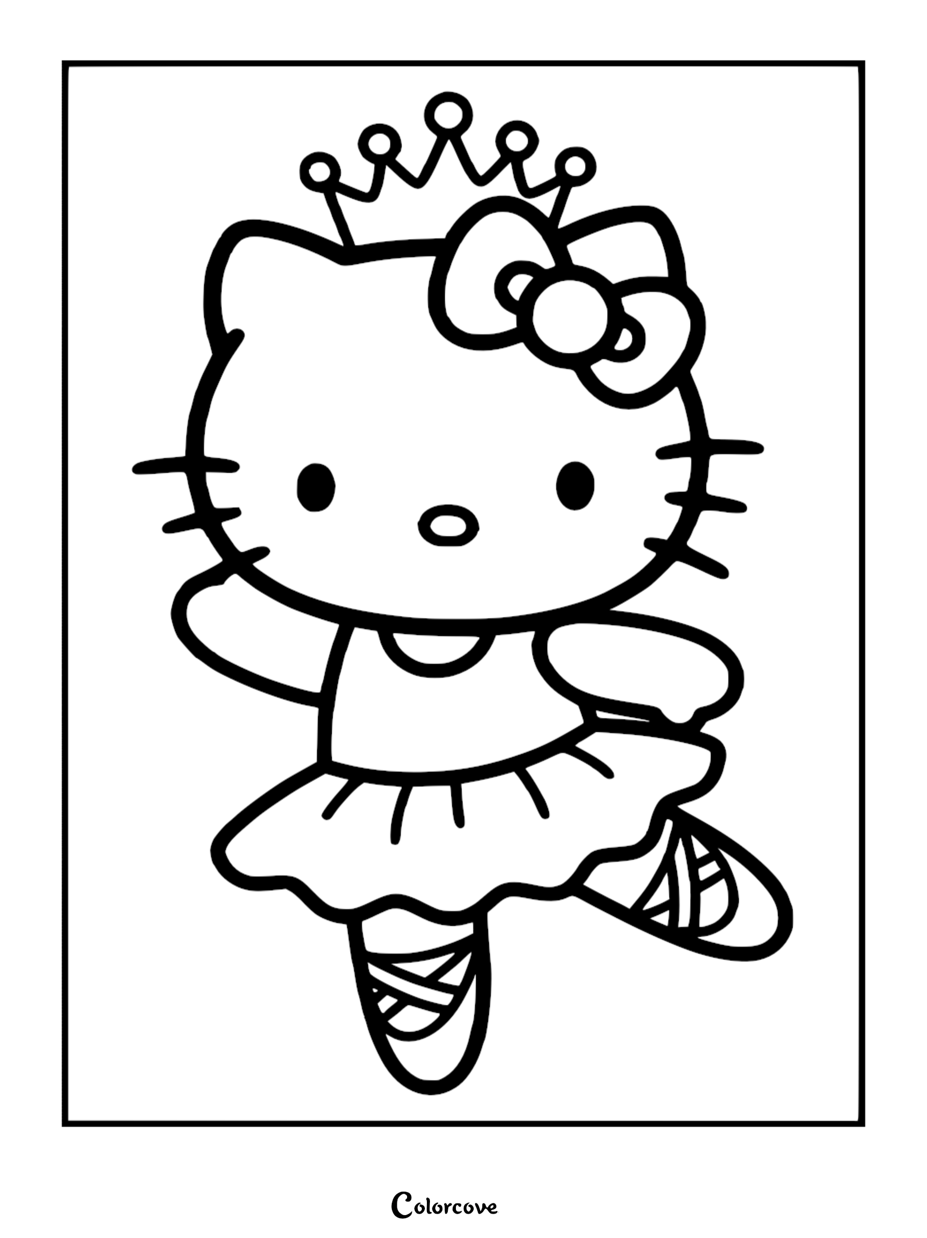 A printable Hello Kitty ballerina coloring page featuring Hello Kitty in a tutu and a crown for kids.