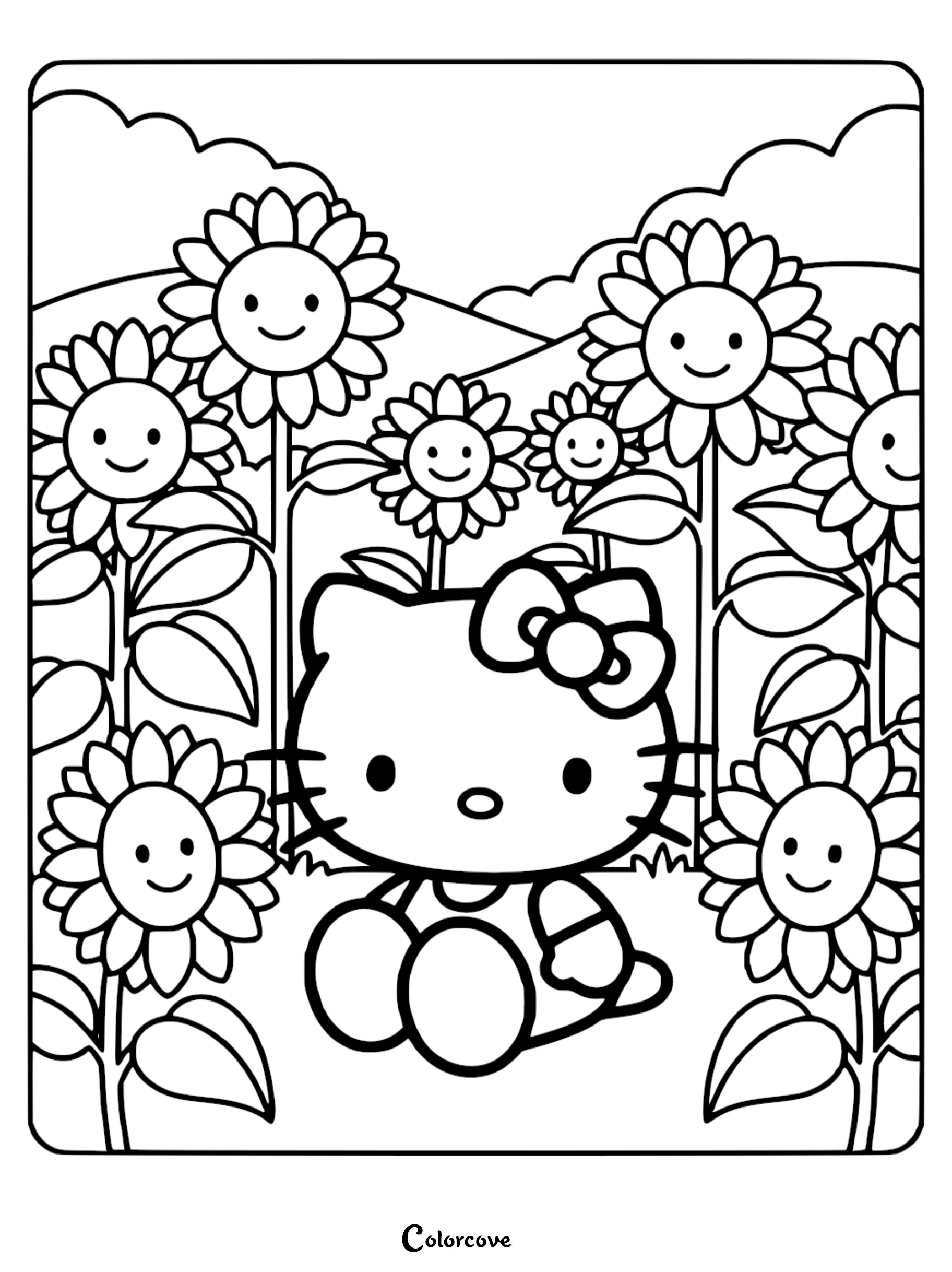 A printable Hello Kitty coloring page featuring Hello Kitty sitting in a field of giant smiling sunflowers with hills and clouds in the background.