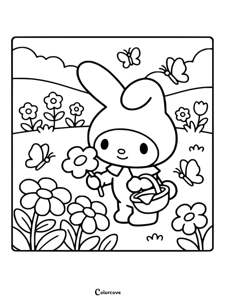 My Melody holding a flower and a basket in a field with butterflies, free printable coloring page.