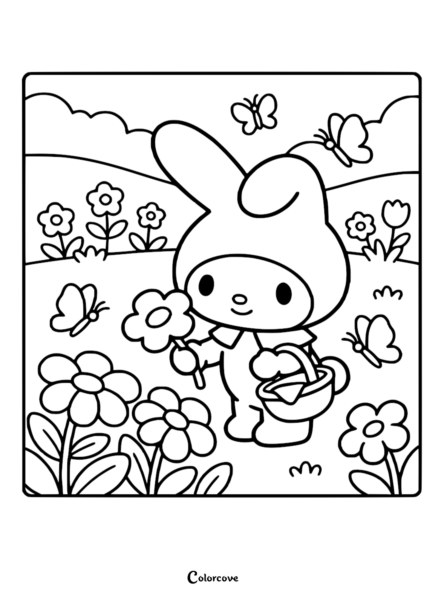 A printable My Melody coloring page for kids featuring the cute Sanrio character picking flowers in a meadow with butterflies.