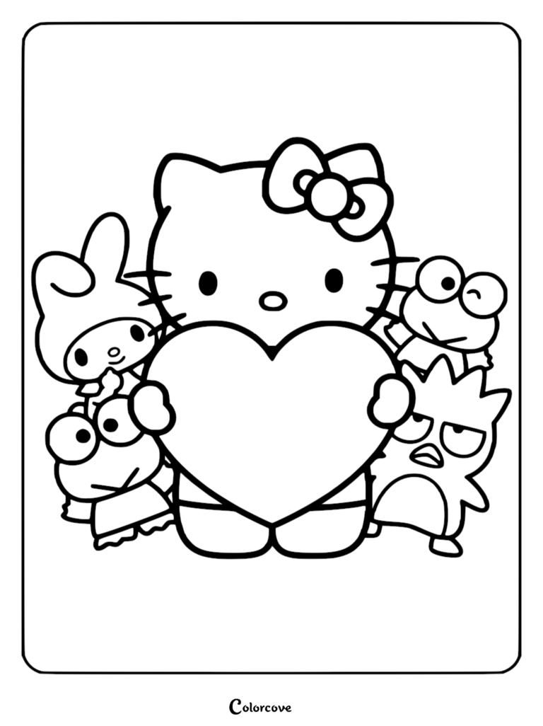 Hello Kitty holding a large heart surrounded by My Melody, Keroppi, and Badtz-Maru in this printable coloring page.