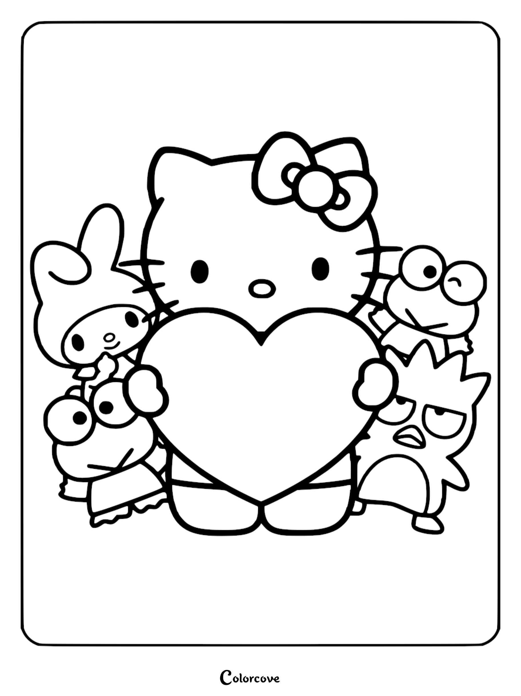 A printable Hello Kitty and friends coloring page featuring Hello Kitty holding a large heart surrounded by My Melody, Keroppi, and Badtz-Maru.