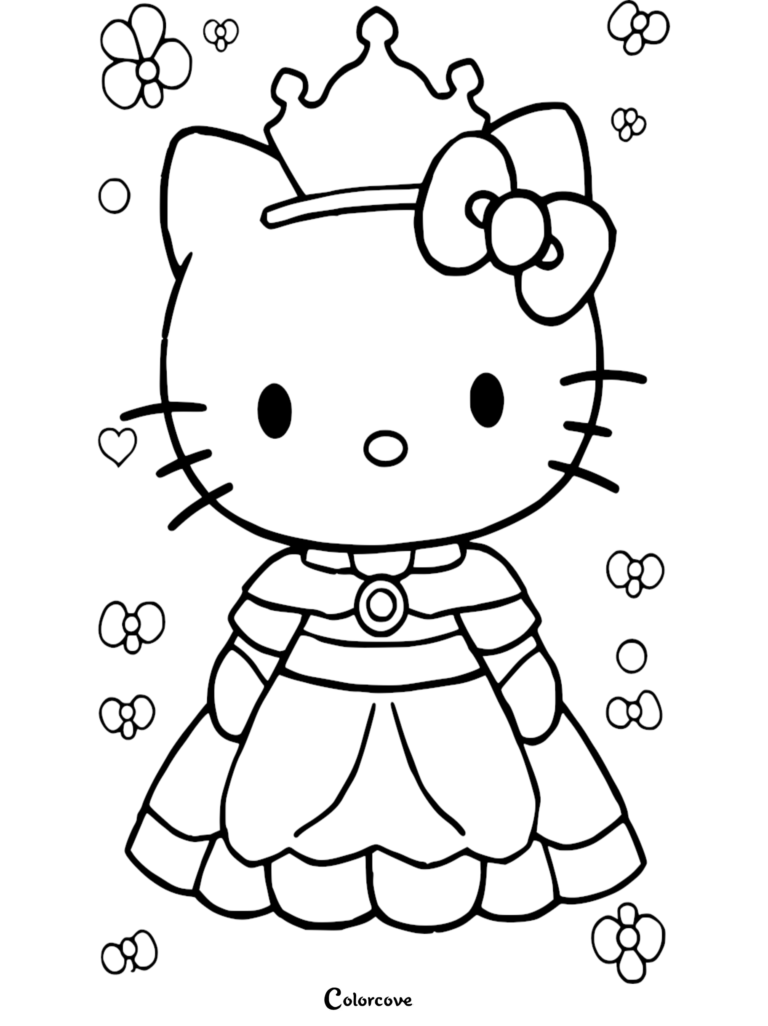 Hello Kitty wearing a royal crown and gown in this free printable coloring page surrounded by bows and hearts.