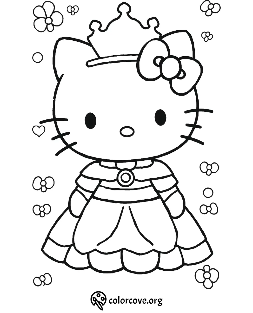 Cartoon cat princess coloring page with flowers, crown, and bow for kids' creative fun.