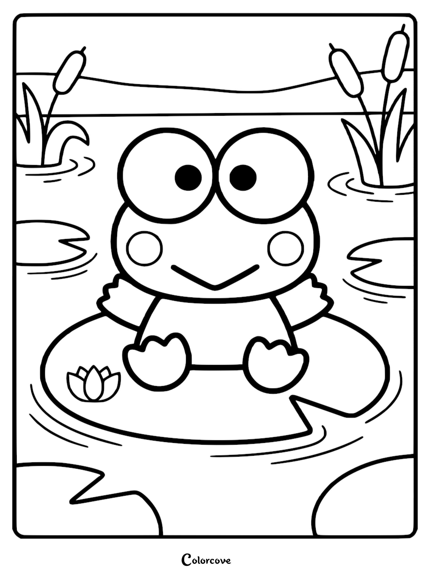 Keroppi the frog from Sanrio sitting on a lily pad in a pond with cattails, a free printable coloring page for kids.