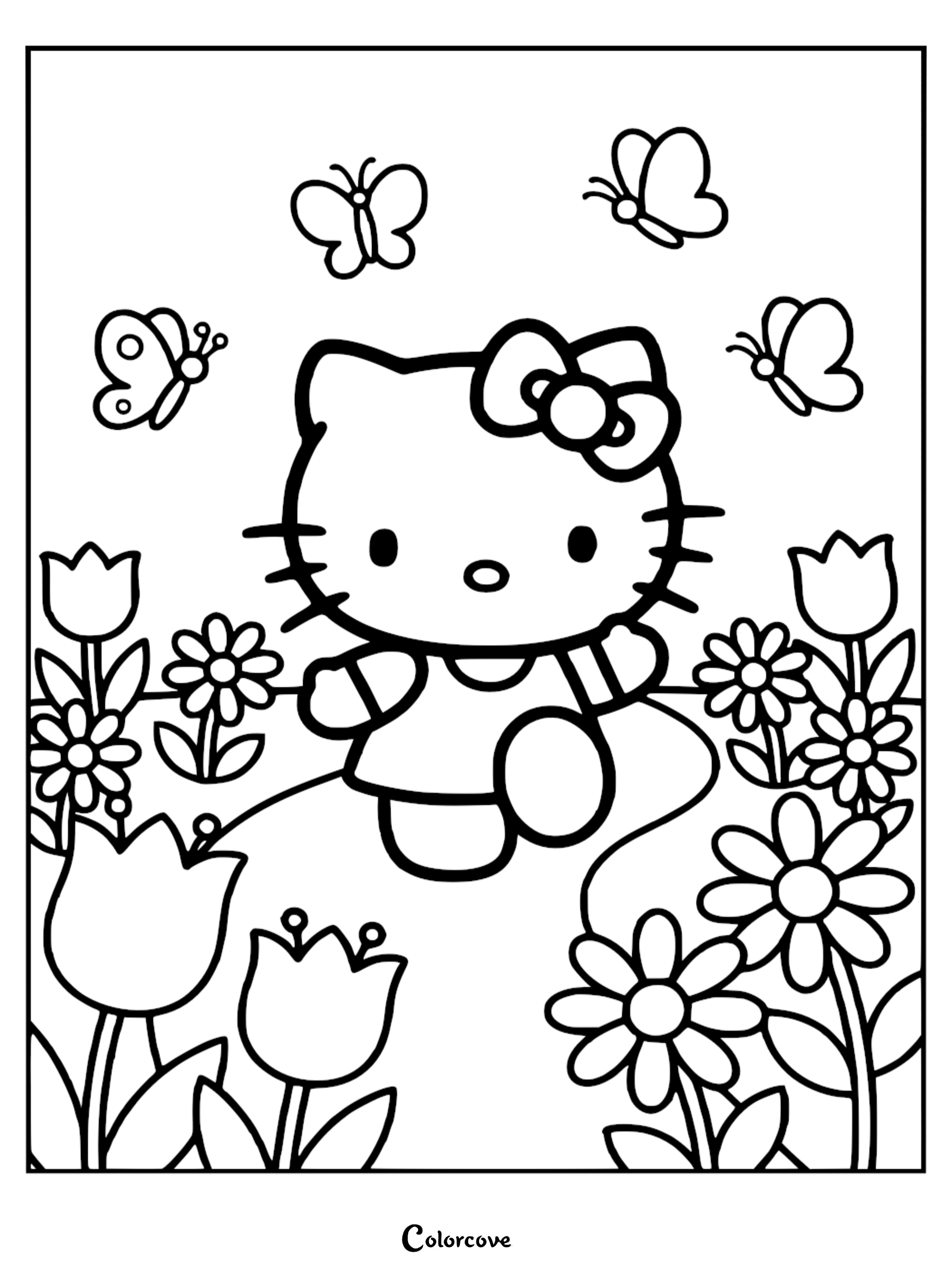 A printable Hello Kitty coloring page featuring Hello Kitty walking through a beautiful garden filled with tulips, daisies, and flying butterflies.