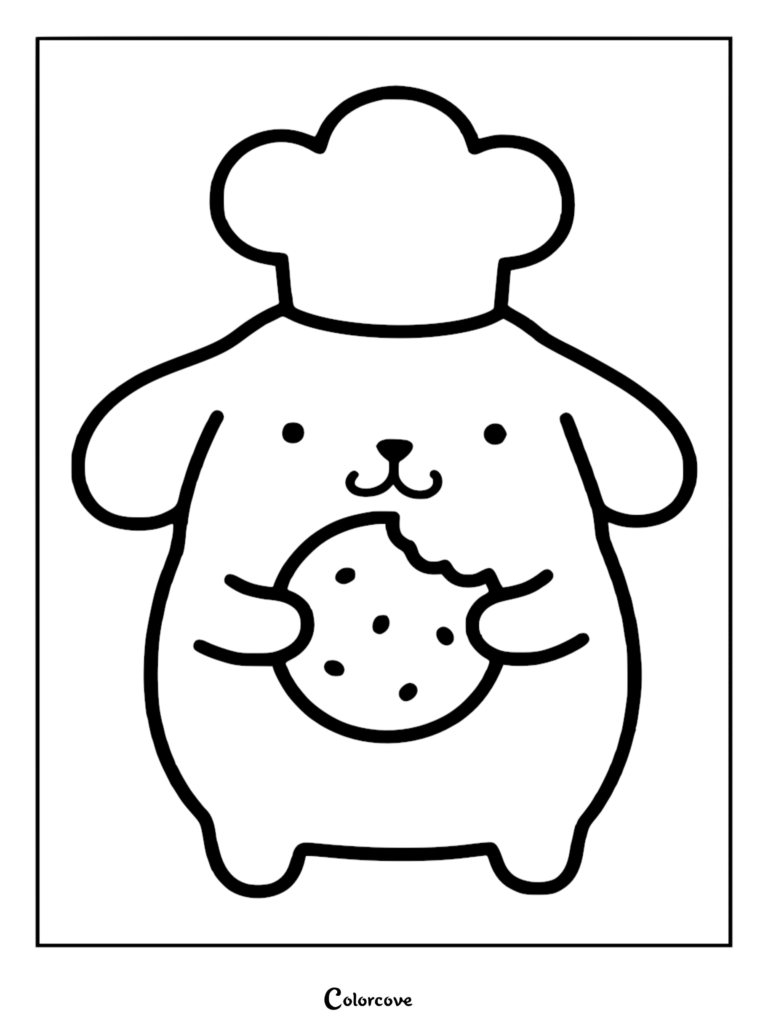 Pompompurin wearing a chef hat and holding a chocolate chip cookie in this printable coloring page.