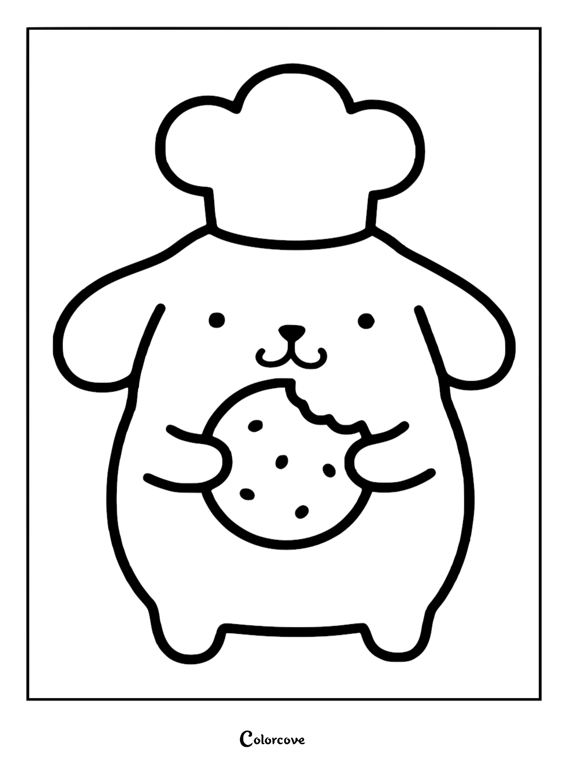 A cute Pompompurin coloring page featuring the Sanrio character wearing a chef hat and holding a chocolate chip cookie.