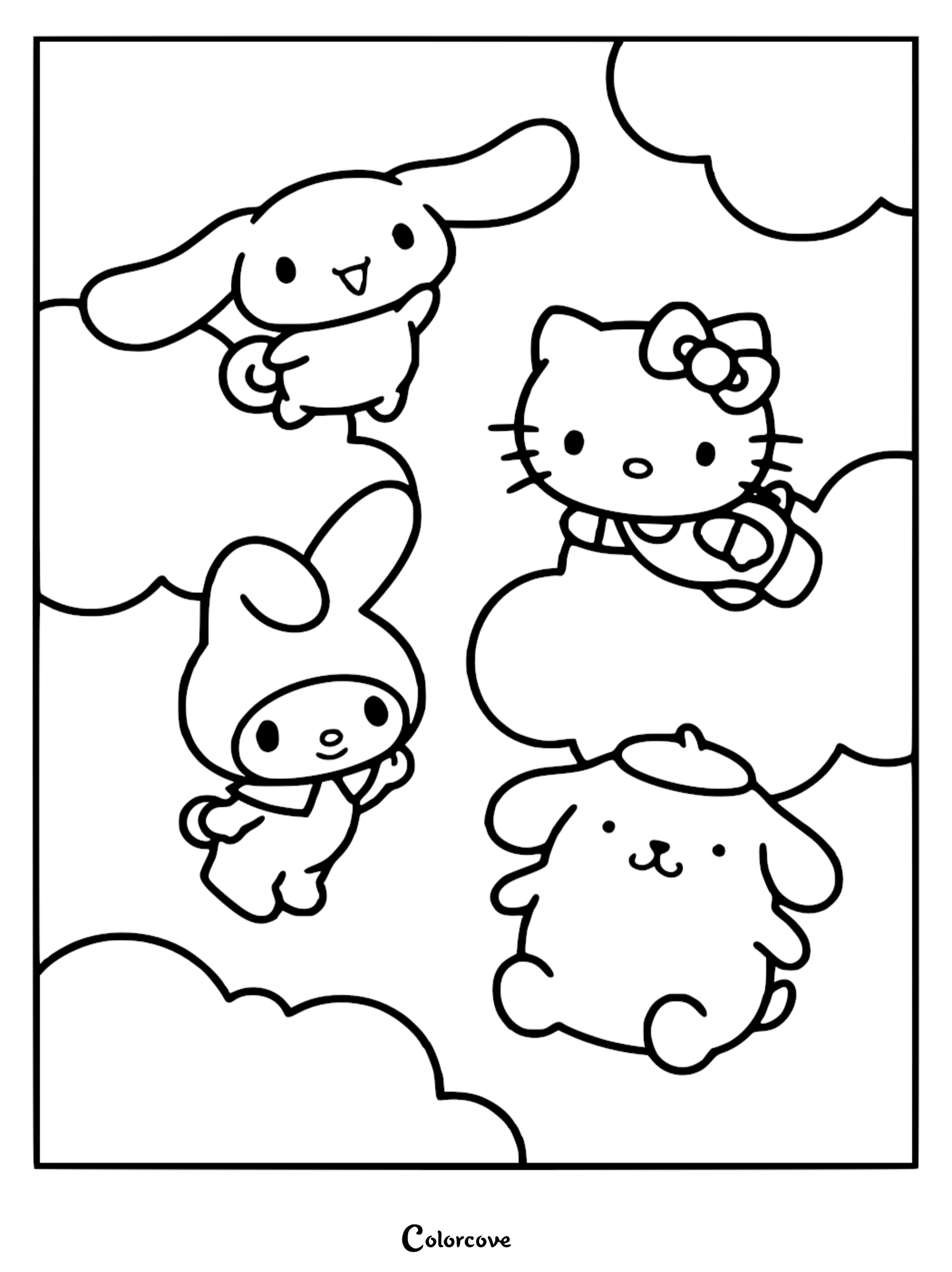 A free printable coloring page featuring Hello Kitty, My Melody, Cinnamoroll, and Pompompurin floating on fluffy clouds in the sky.