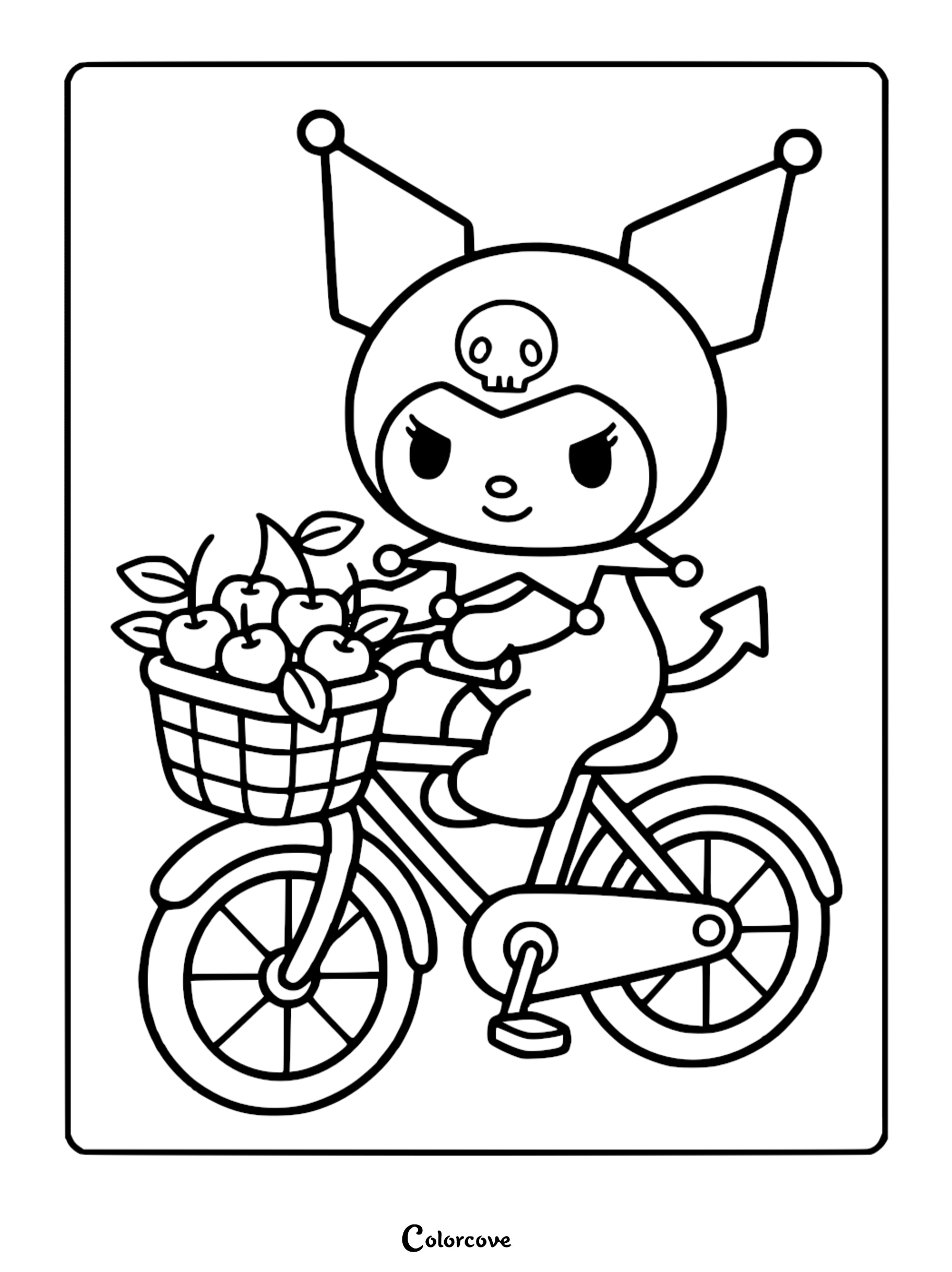 A cute Sanrio Kuromi coloring page featuring the character riding a bicycle with a basket full of cherries.