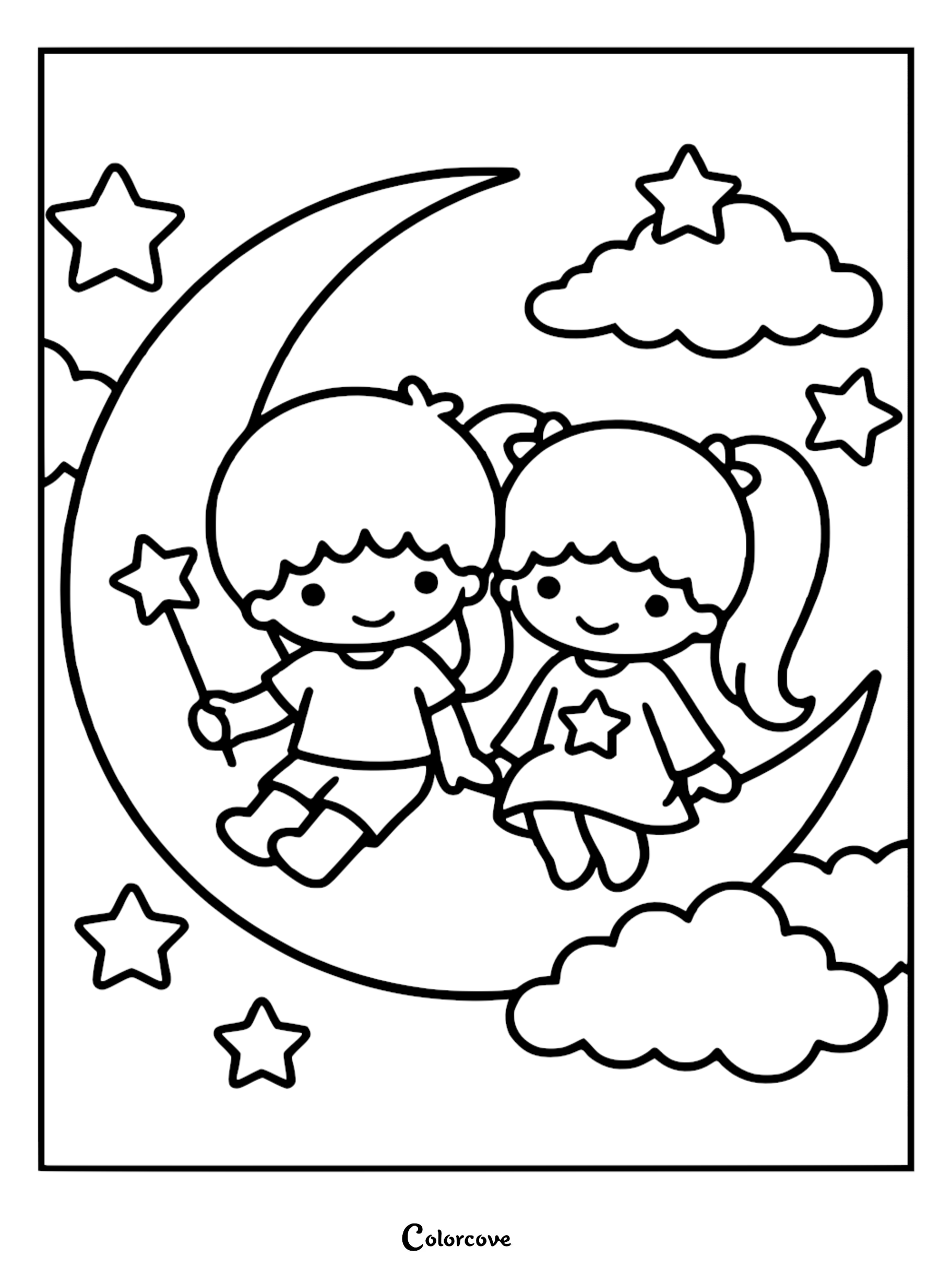 A cute Little Twin Stars coloring page featuring Kiki and Lala sitting on a crescent moon surrounded by stars and fluffy clouds.